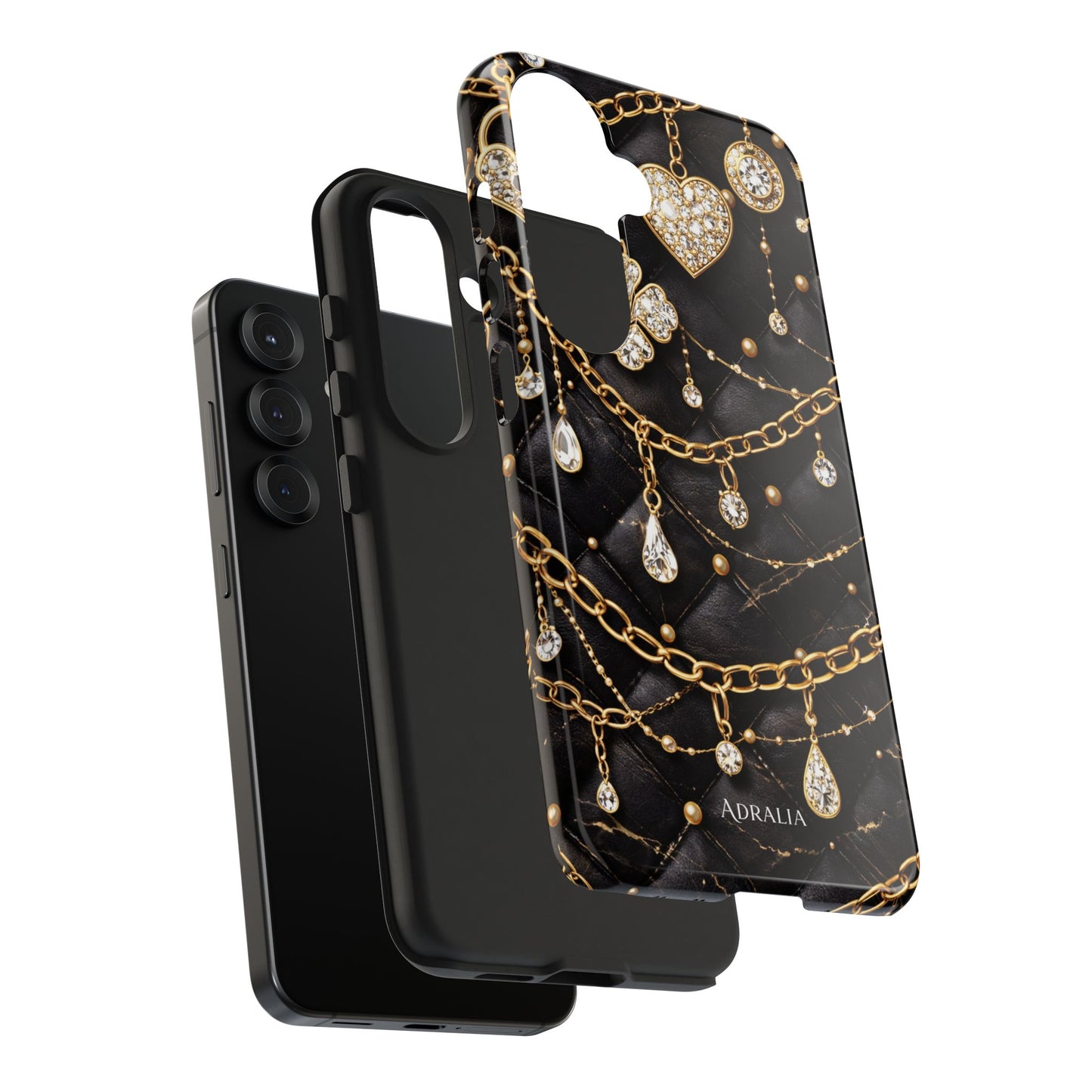 Quilted Black Luxe Phone Case — Gold Chain & Jewel Charm Design