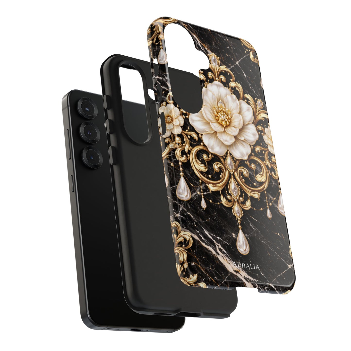 Phone Case — Black Marble Floral Baroque Tough Protective Cover