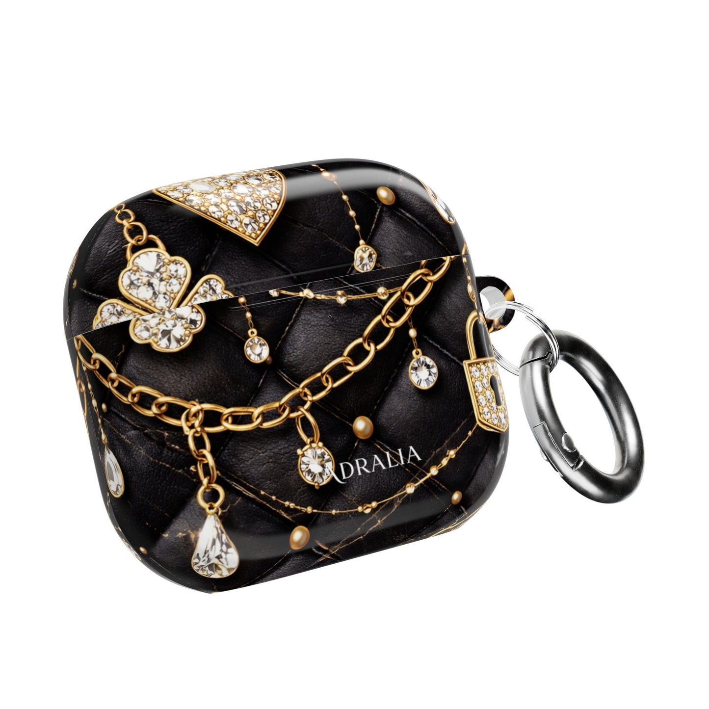 Lux Quilted Black AirPod Case — Gold Chain & Diamond Lock Design
