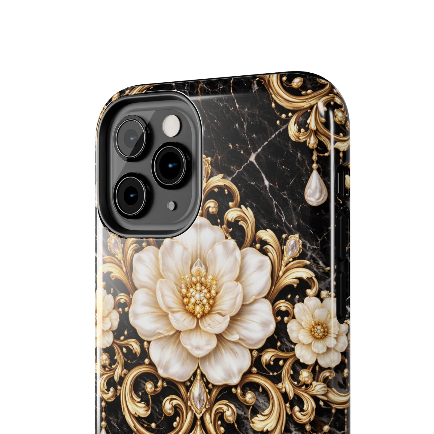 Phone Case — Black Marble Floral Baroque Tough Protective Cover