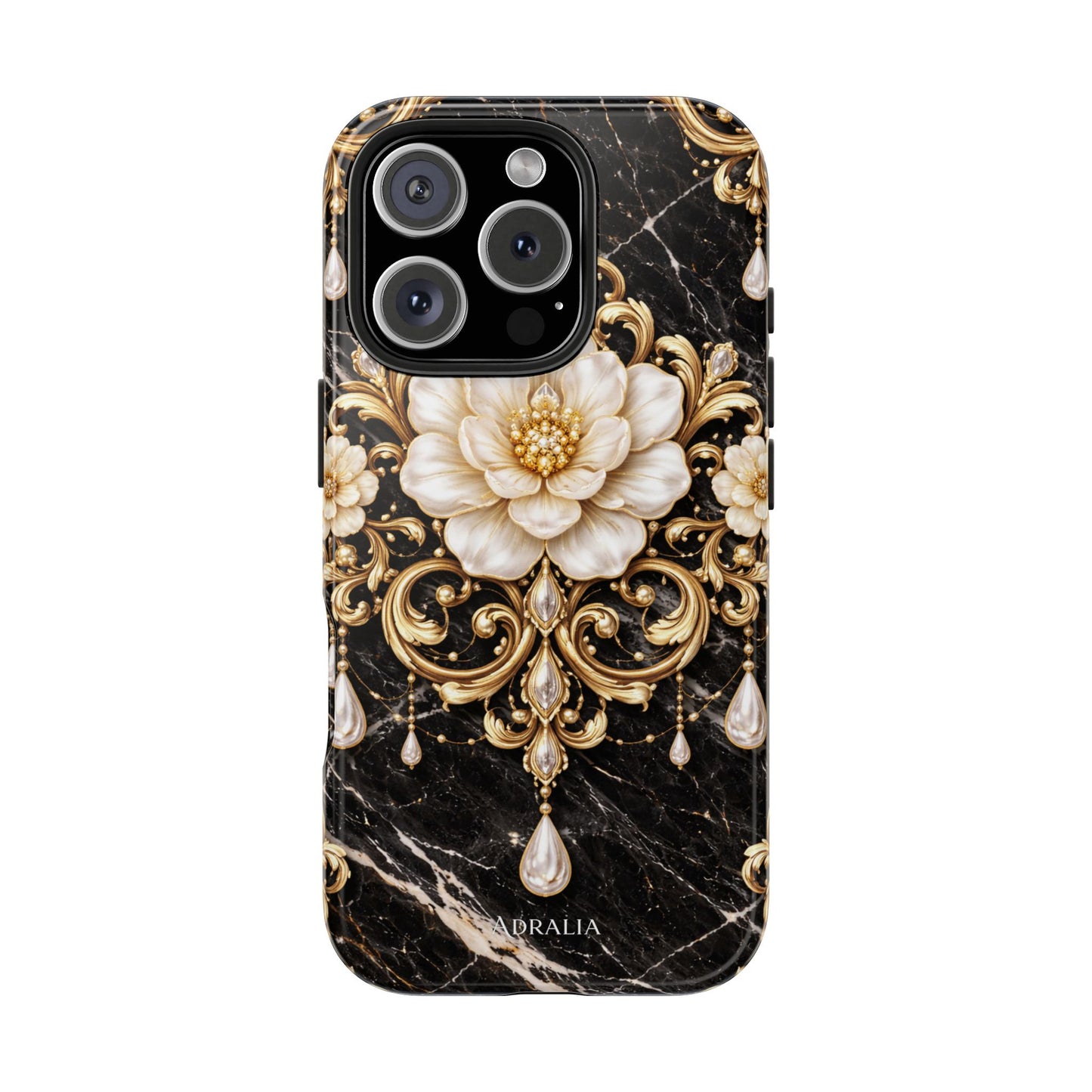 Phone Case — Black Marble Floral Baroque Tough Protective Cover