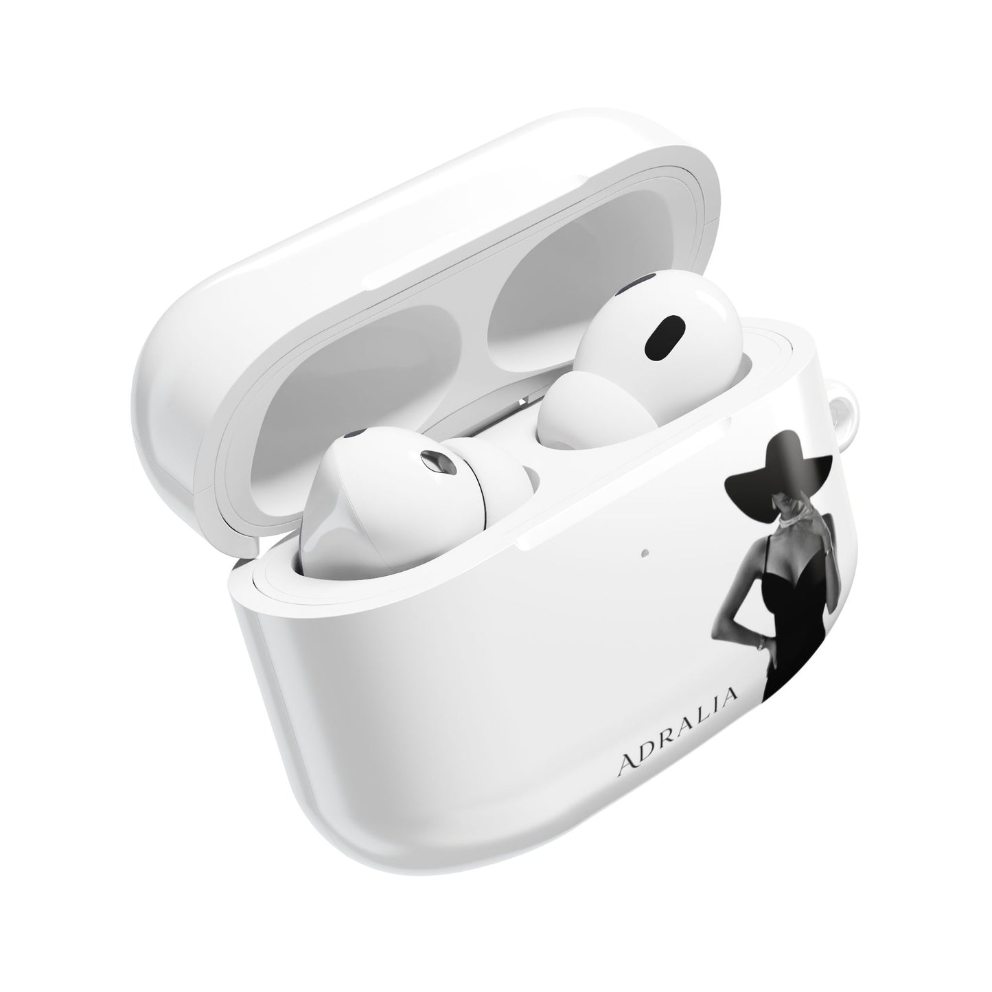 AirPods Case — Elegant Black Hat Silhouette with 'ADRALIA' Text