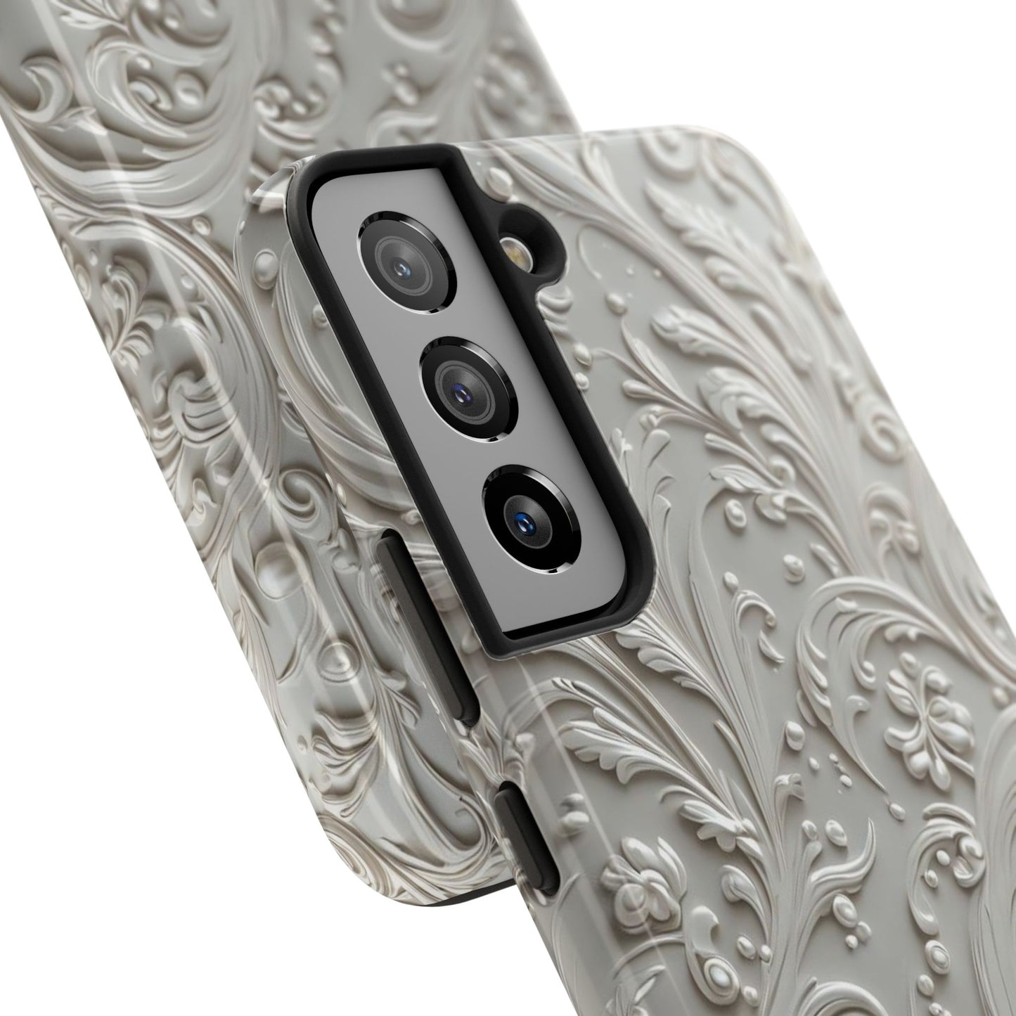 Ornate Baroque Relief Tough Phone Case — Gray Floral Scroll Protective Cover
