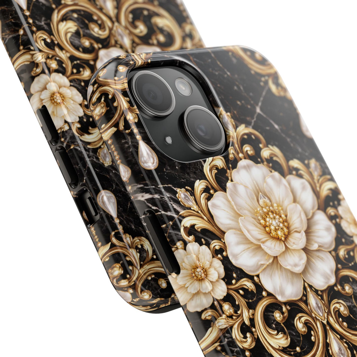 Phone Case — Black Marble Floral Baroque Tough Protective Cover