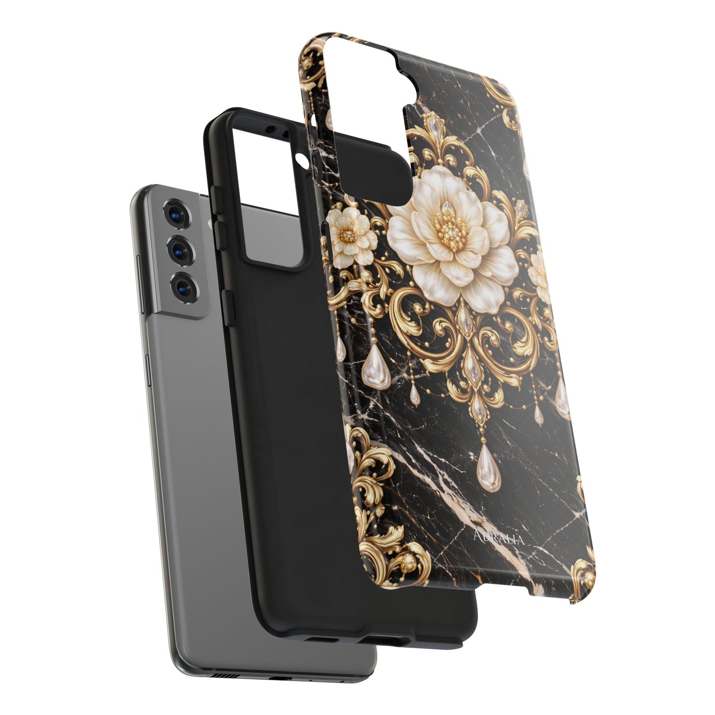 Phone Case — Black Marble Floral Baroque Tough Protective Cover