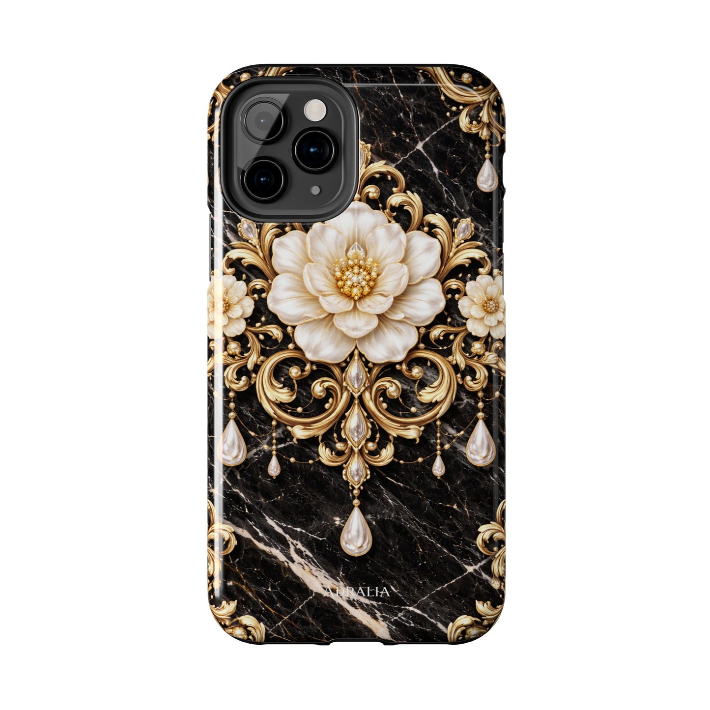Phone Case — Black Marble Floral Baroque Tough Protective Cover