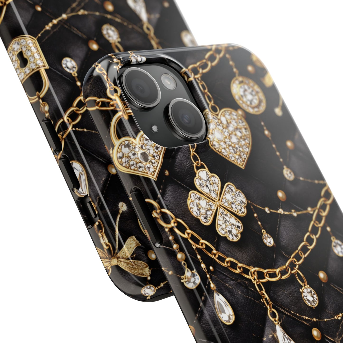 Quilted Black Luxe Phone Case — Gold Chain & Jewel Charm Design