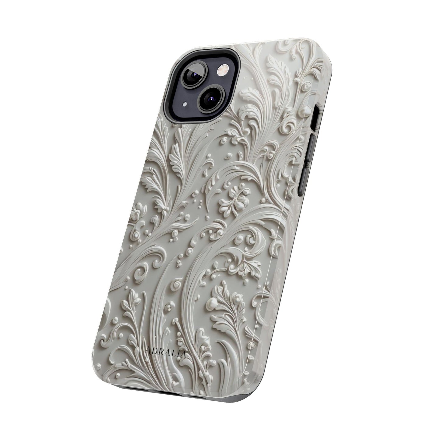 Ornate Baroque Relief Tough Phone Case — Gray Floral Scroll Protective Cover