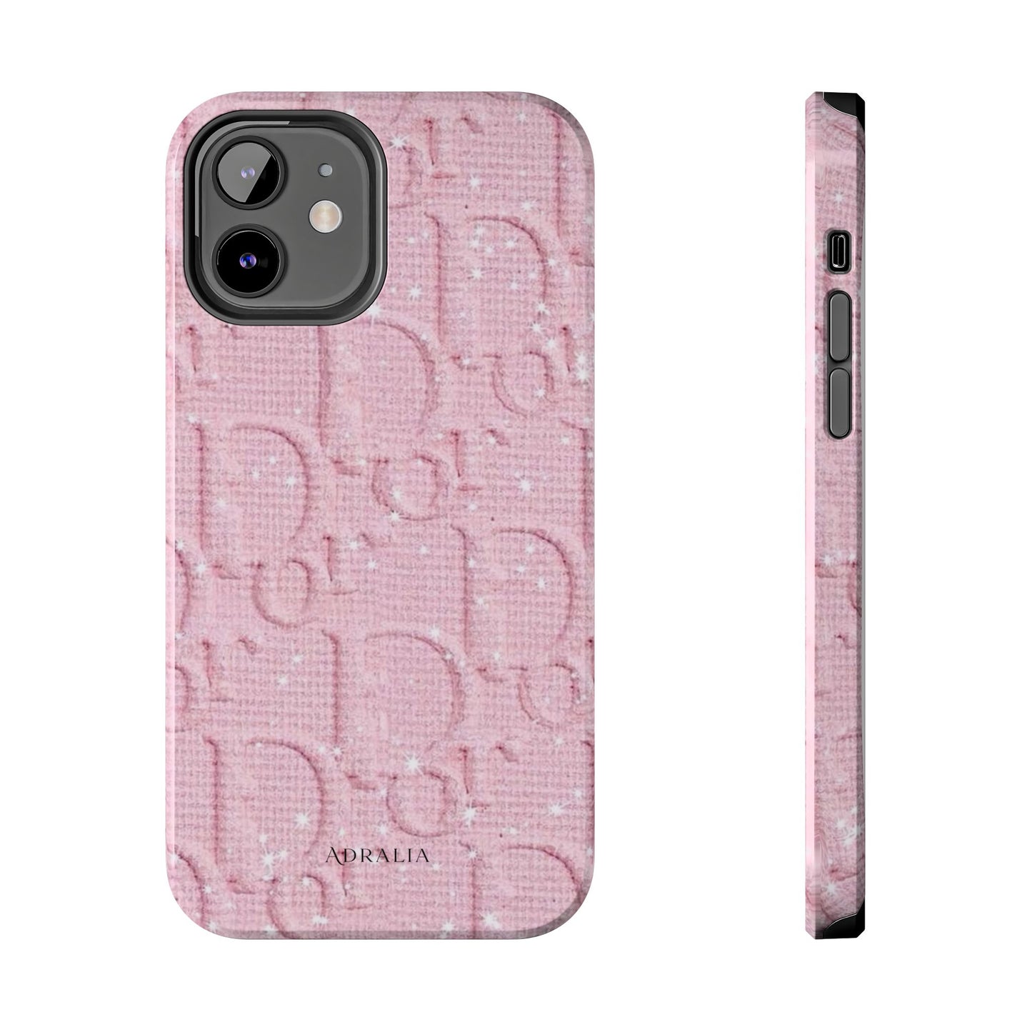 Pink Embossed Tough Phone Case – 'Adralia' Glitter Monogram Protective Cover