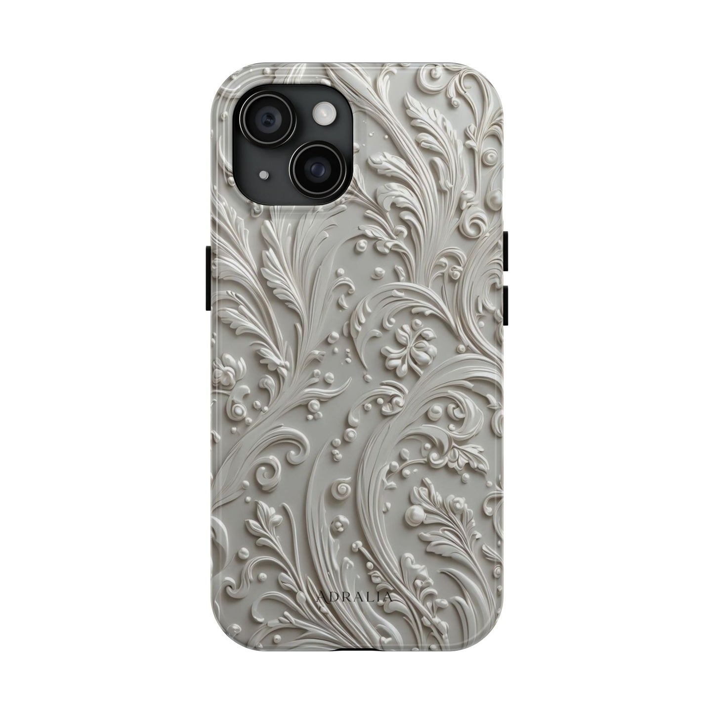 Ornate Baroque Relief Tough Phone Case — Gray Floral Scroll Protective Cover