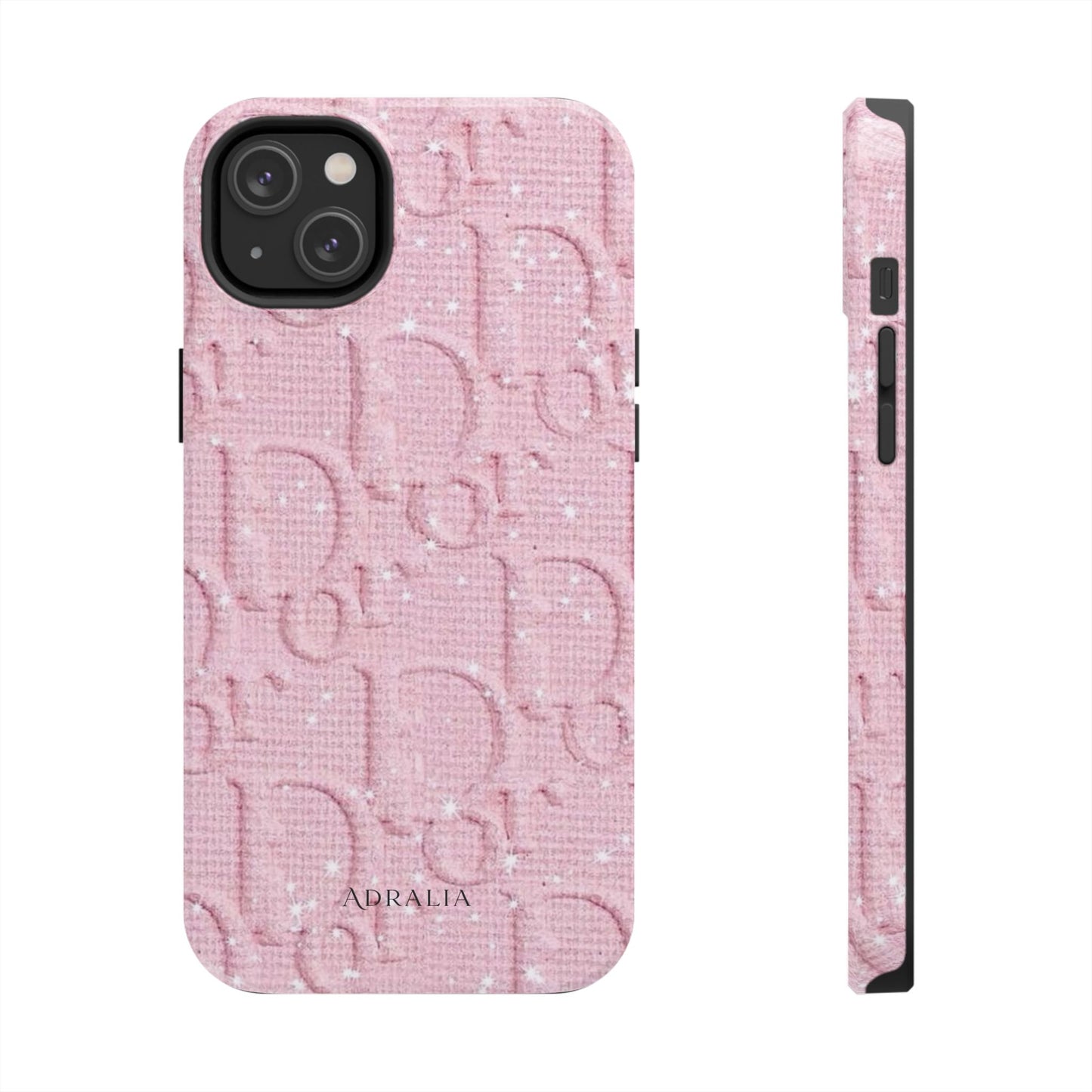 Pink Embossed Tough Phone Case – 'Adralia' Glitter Monogram Protective Cover