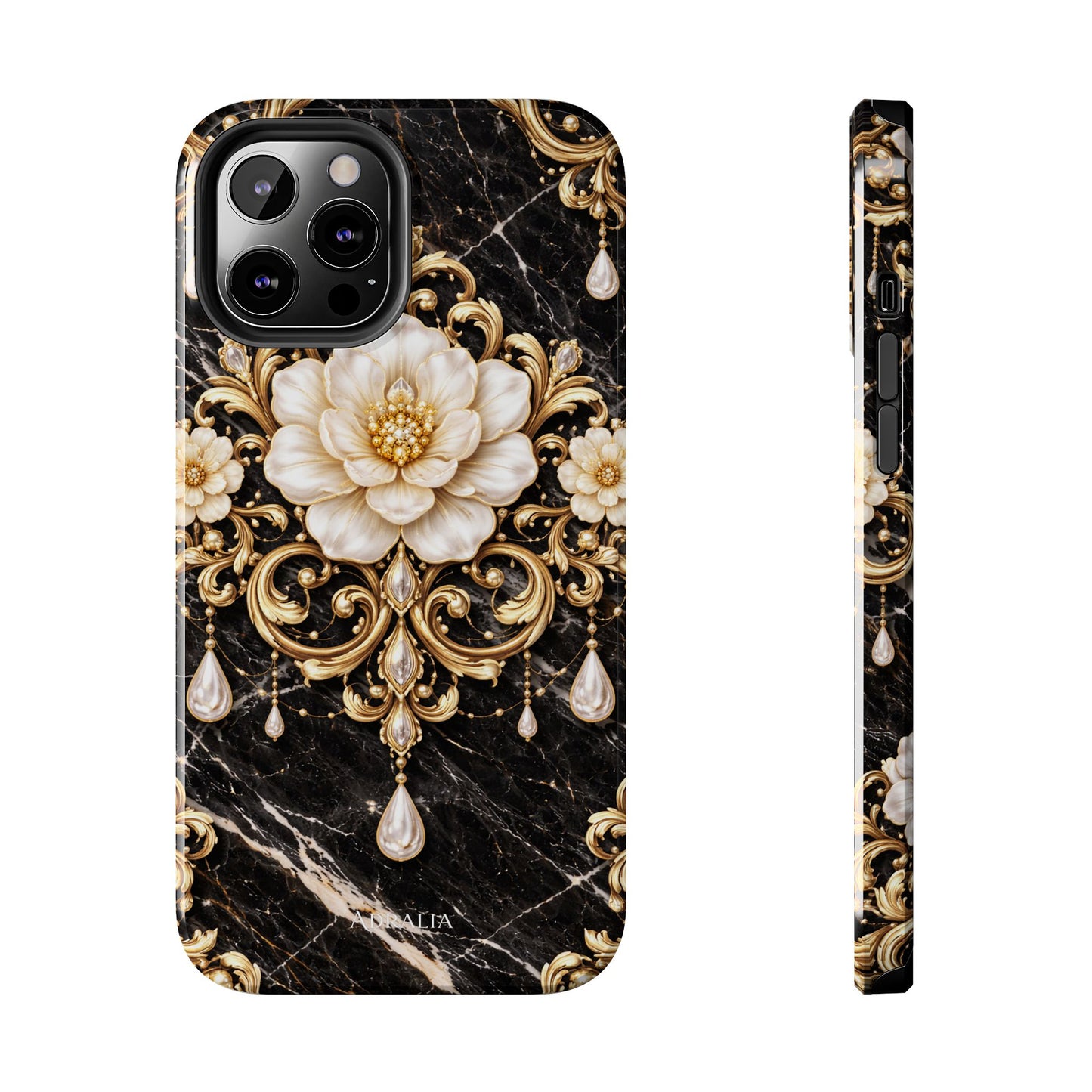 Phone Case — Black Marble Floral Baroque Tough Protective Cover
