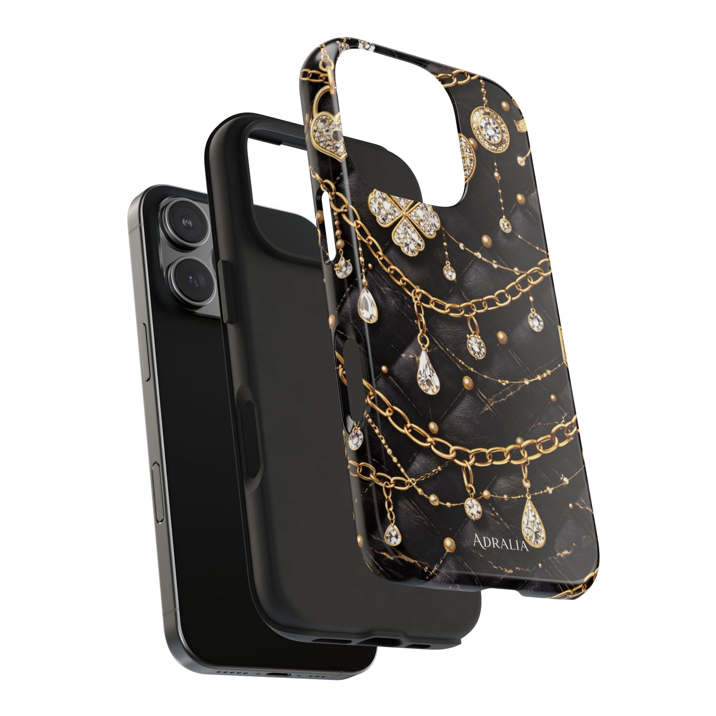 Quilted Black Luxe Phone Case — Gold Chain & Jewel Charm Design