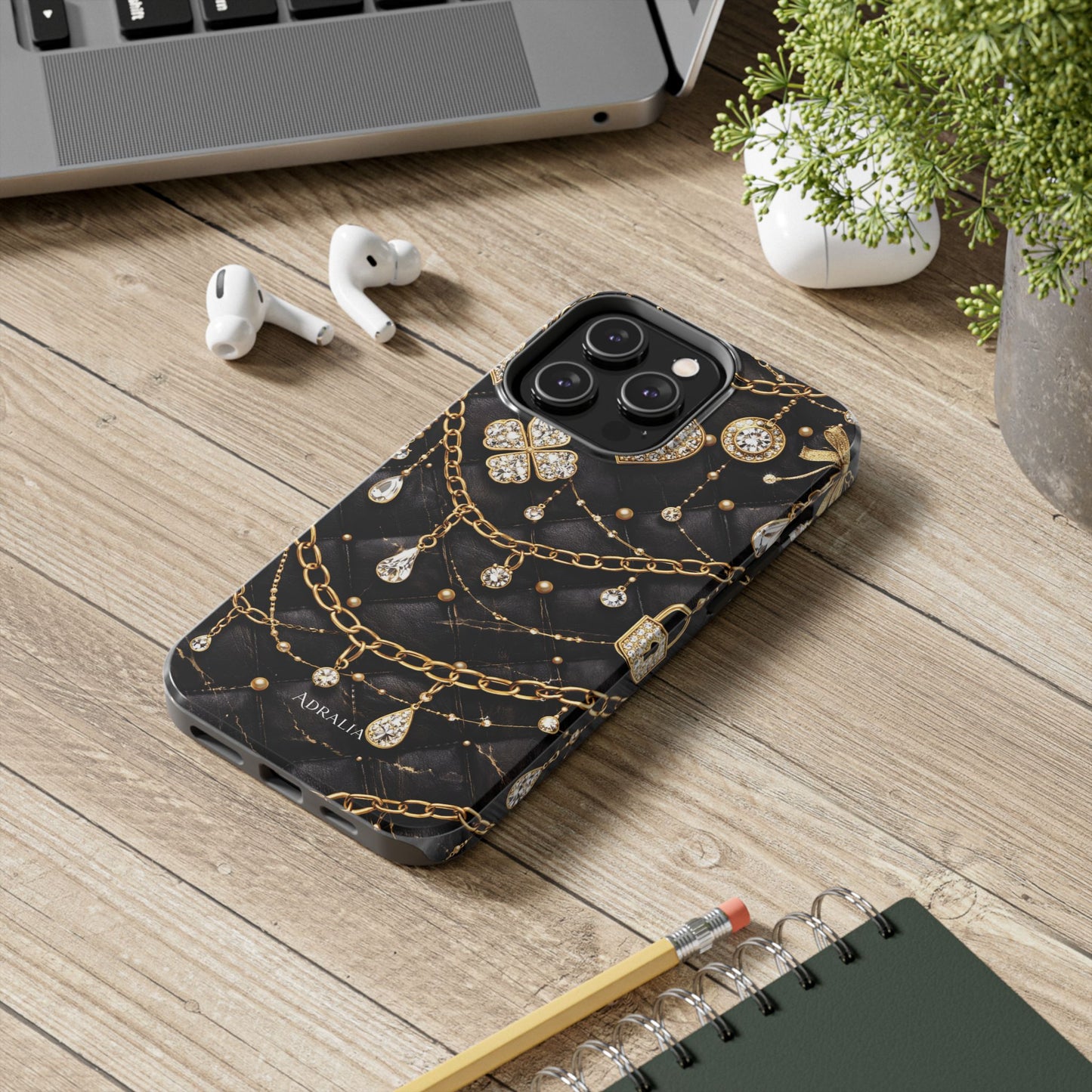 Quilted Black Luxe Phone Case — Gold Chain & Jewel Charm Design