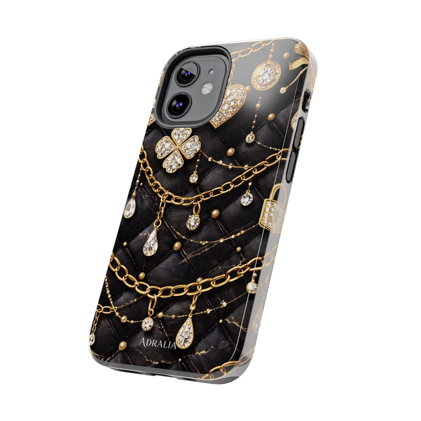 Quilted Black Luxe Phone Case — Gold Chain & Jewel Charm Design
