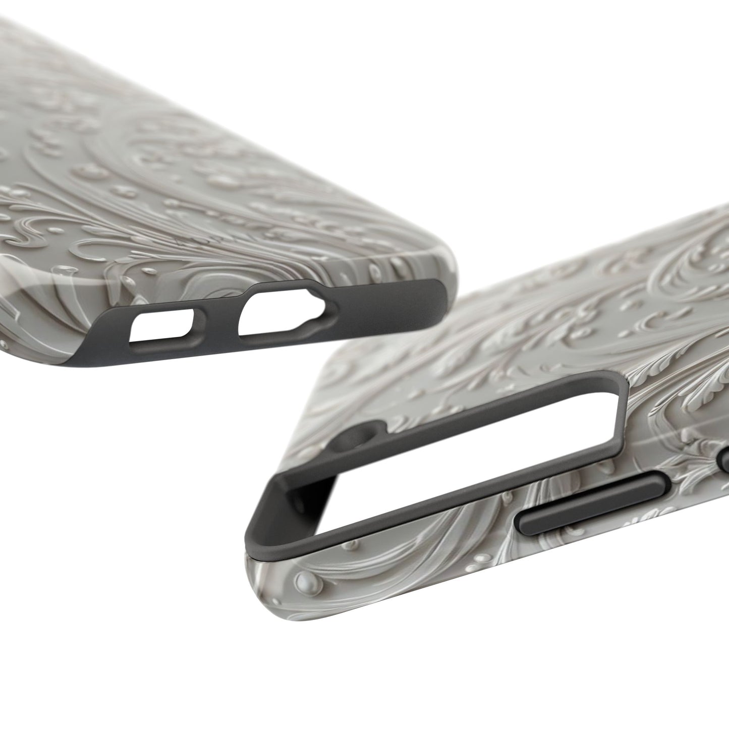 Ornate Baroque Relief Tough Phone Case — Gray Floral Scroll Protective Cover