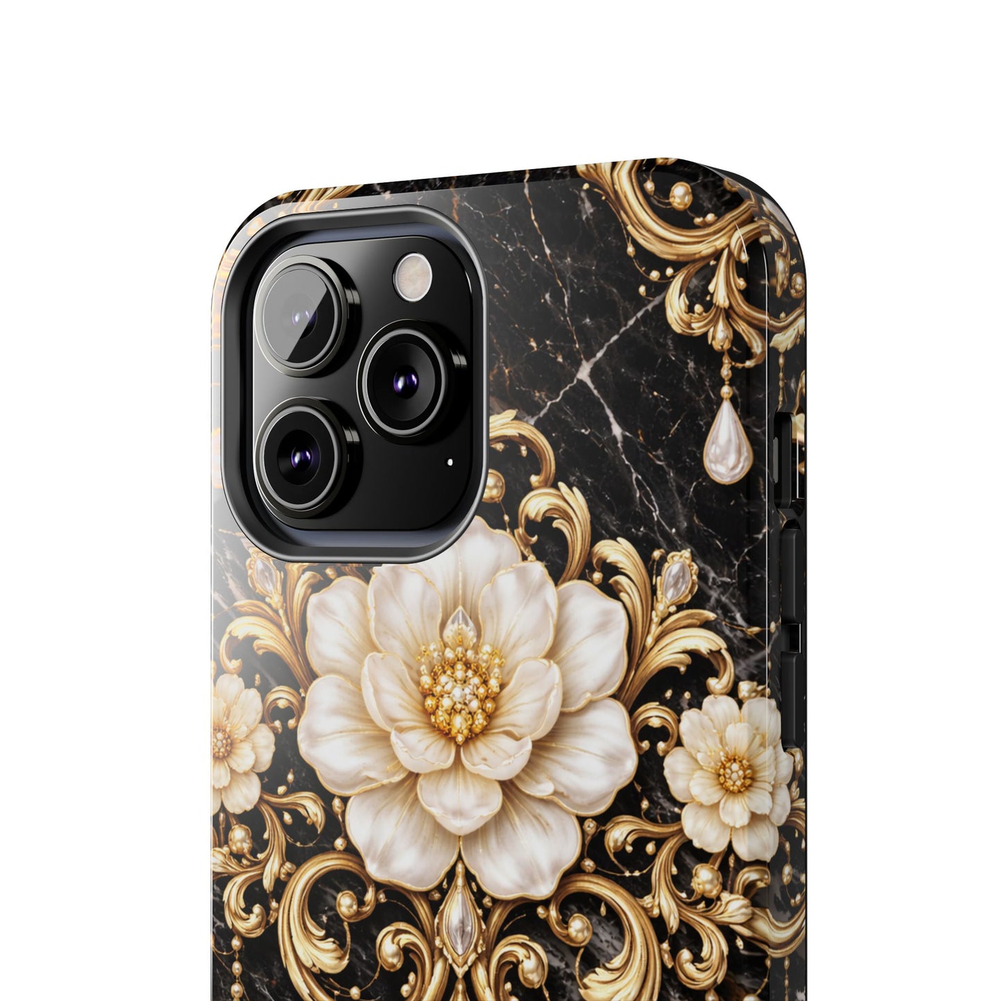 Phone Case — Black Marble Floral Baroque Tough Protective Cover