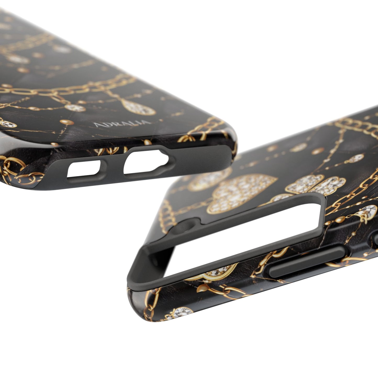 Quilted Black Luxe Phone Case — Gold Chain & Jewel Charm Design