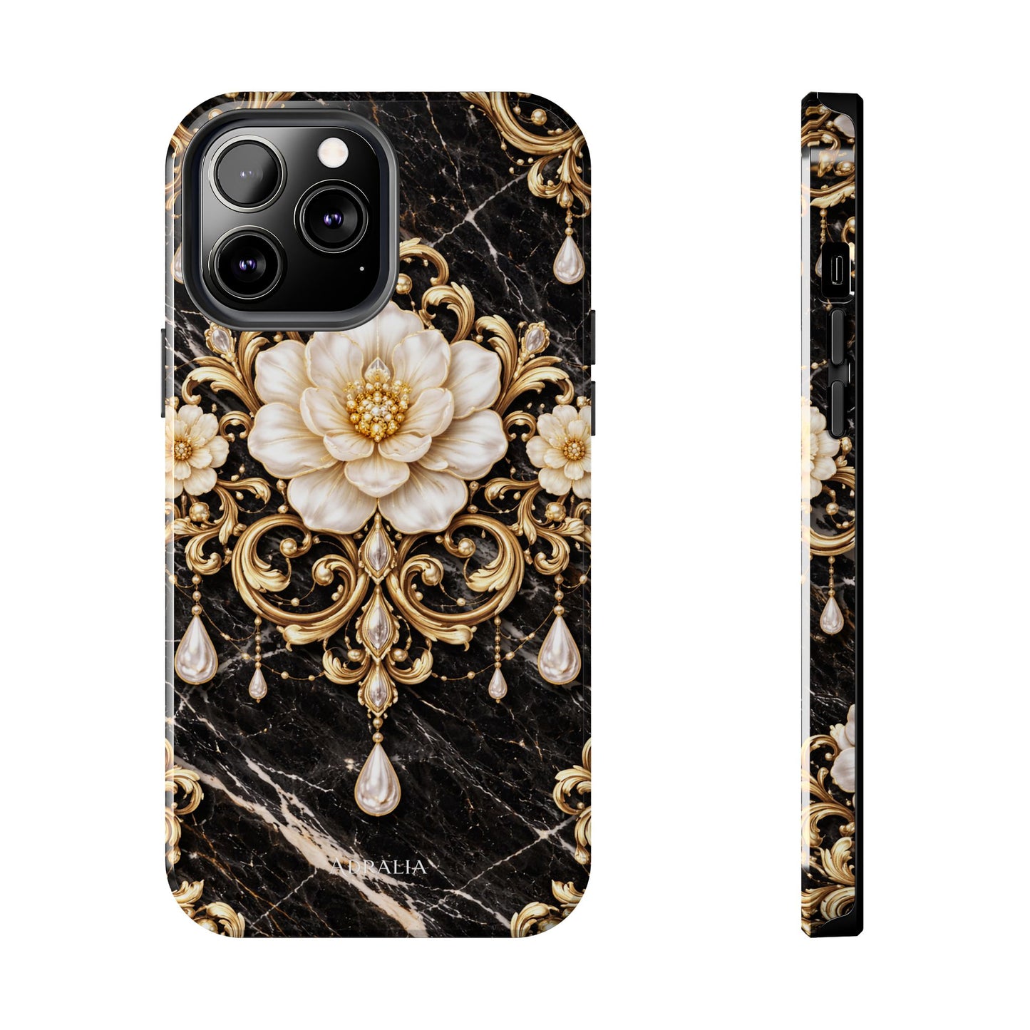 Phone Case — Black Marble Floral Baroque Tough Protective Cover