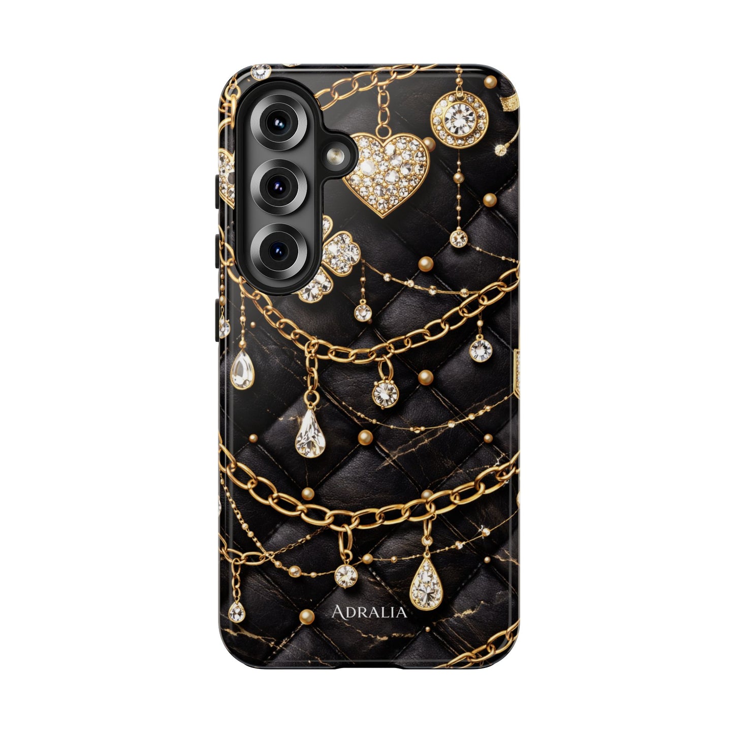Quilted Black Luxe Phone Case — Gold Chain & Jewel Charm Design