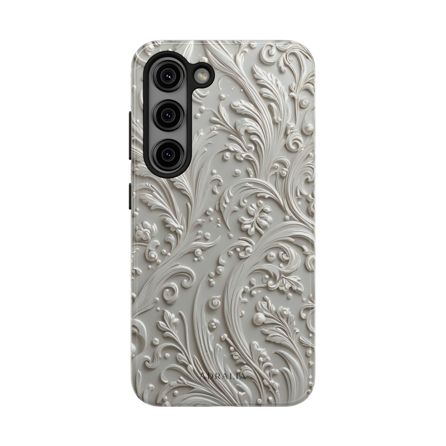 Ornate Baroque Relief Tough Phone Case — Gray Floral Scroll Protective Cover