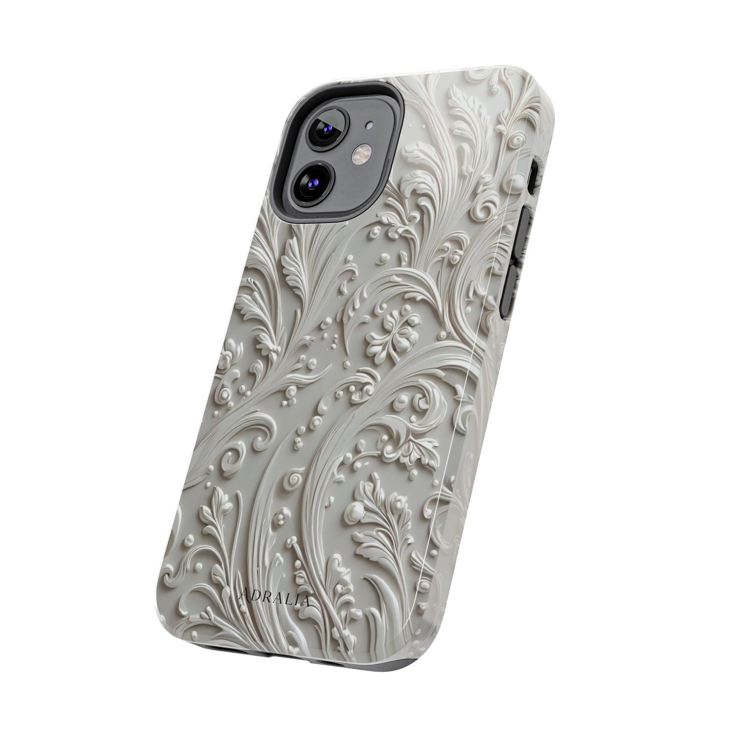Ornate Baroque Relief Tough Phone Case — Gray Floral Scroll Protective Cover