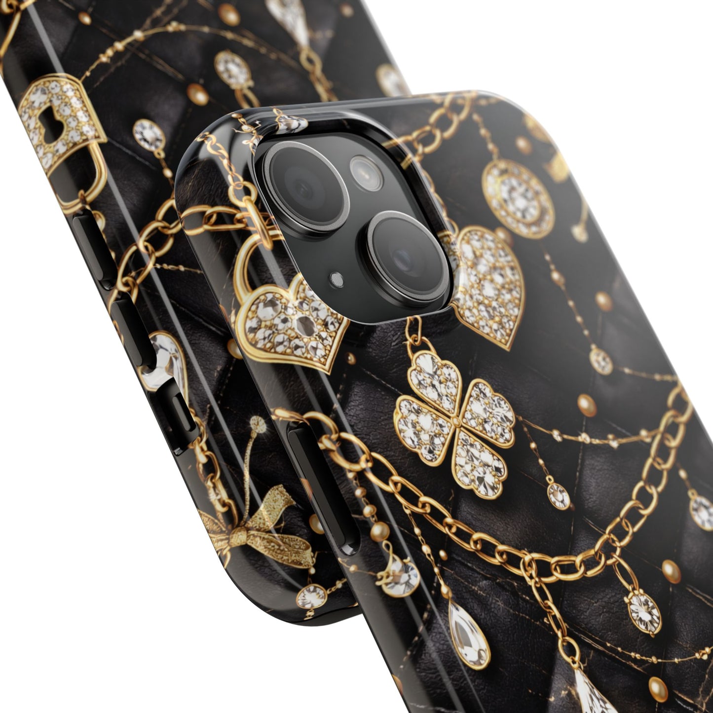 Quilted Black Luxe Phone Case — Gold Chain & Jewel Charm Design