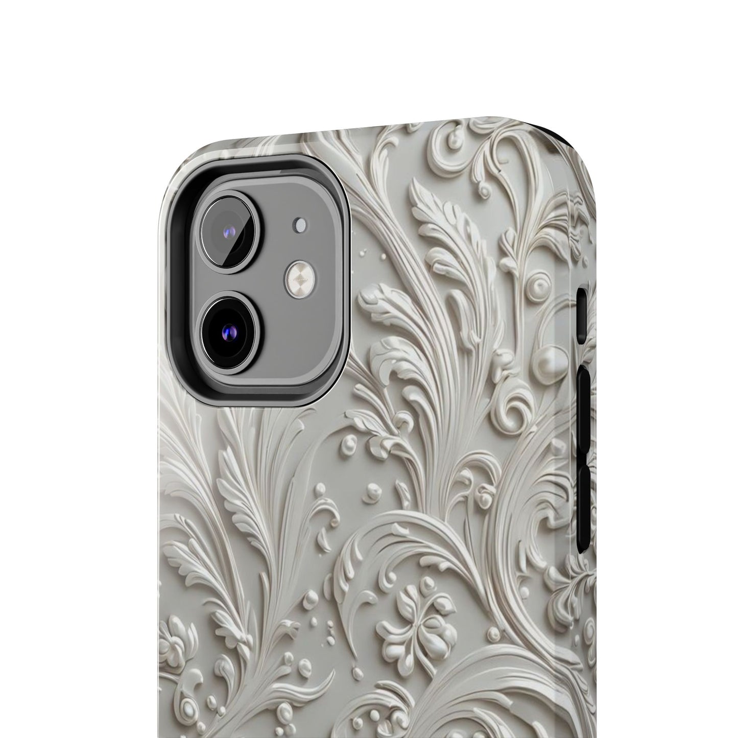 Ornate Baroque Relief Tough Phone Case — Gray Floral Scroll Protective Cover