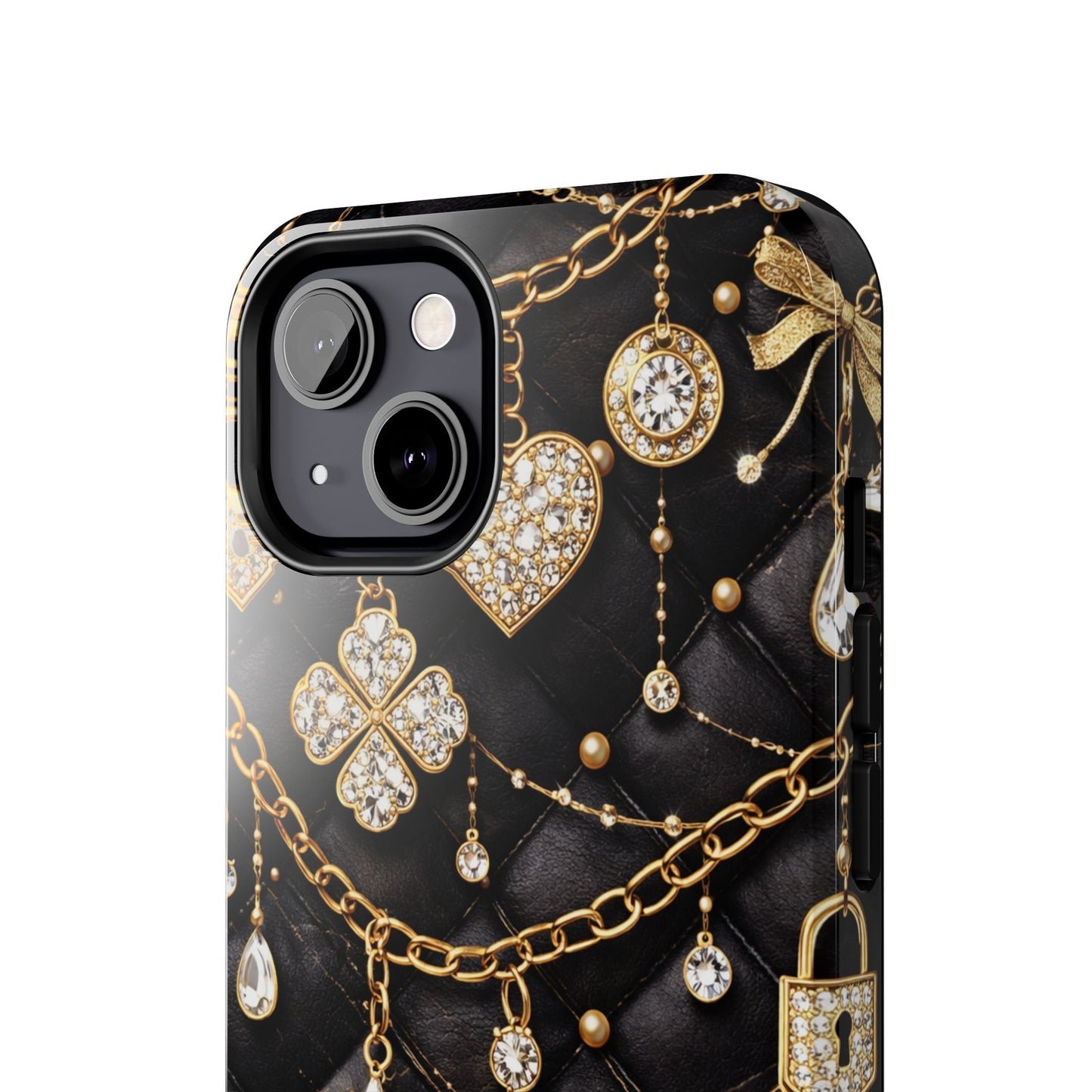 Quilted Black Luxe Phone Case — Gold Chain & Jewel Charm Design