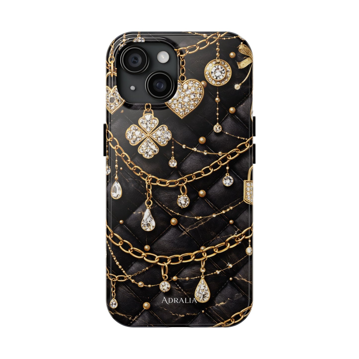 Quilted Black Luxe Phone Case — Gold Chain & Jewel Charm Design