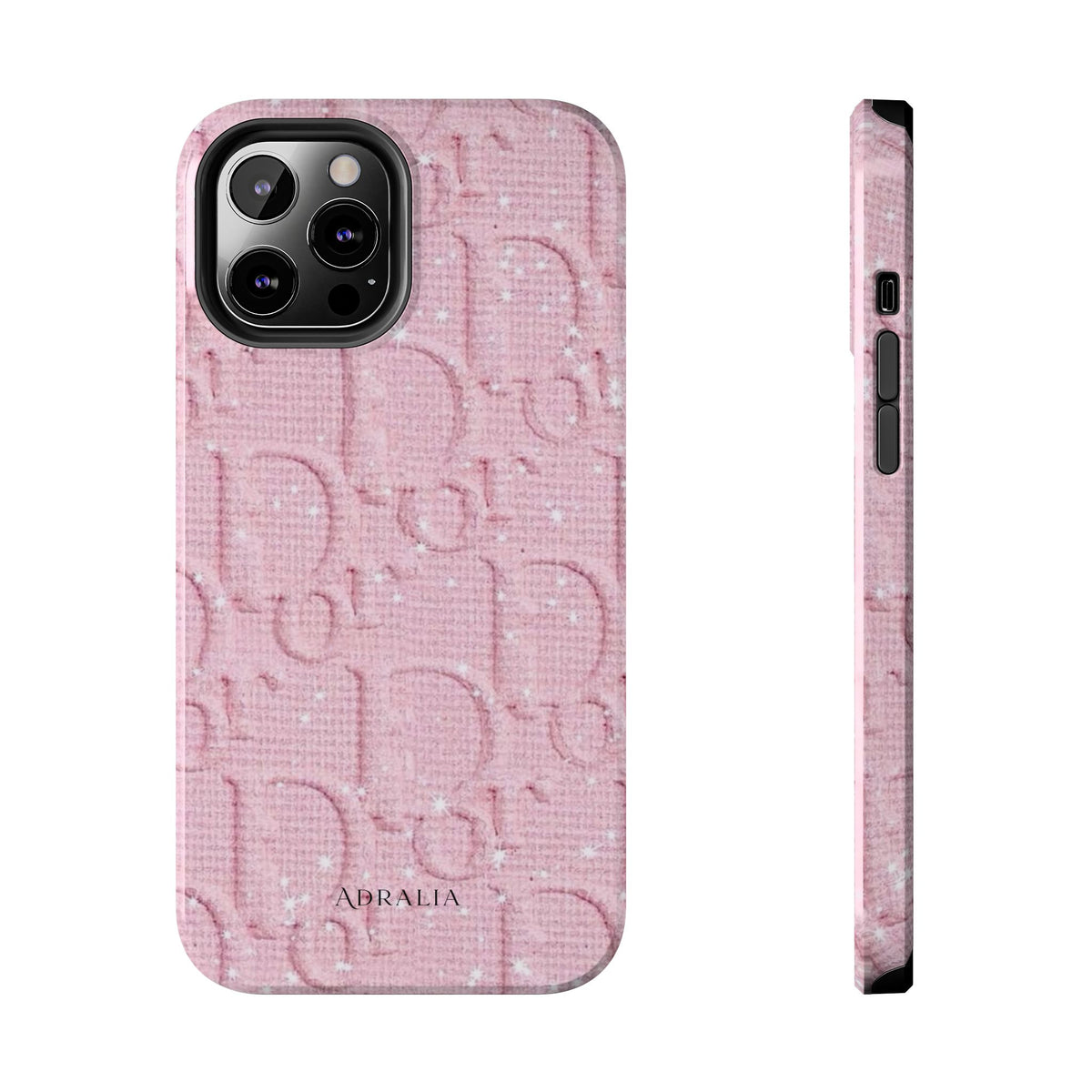 Pink Embossed Tough Phone Case – 'Adralia' Glitter Monogram Protective Cover