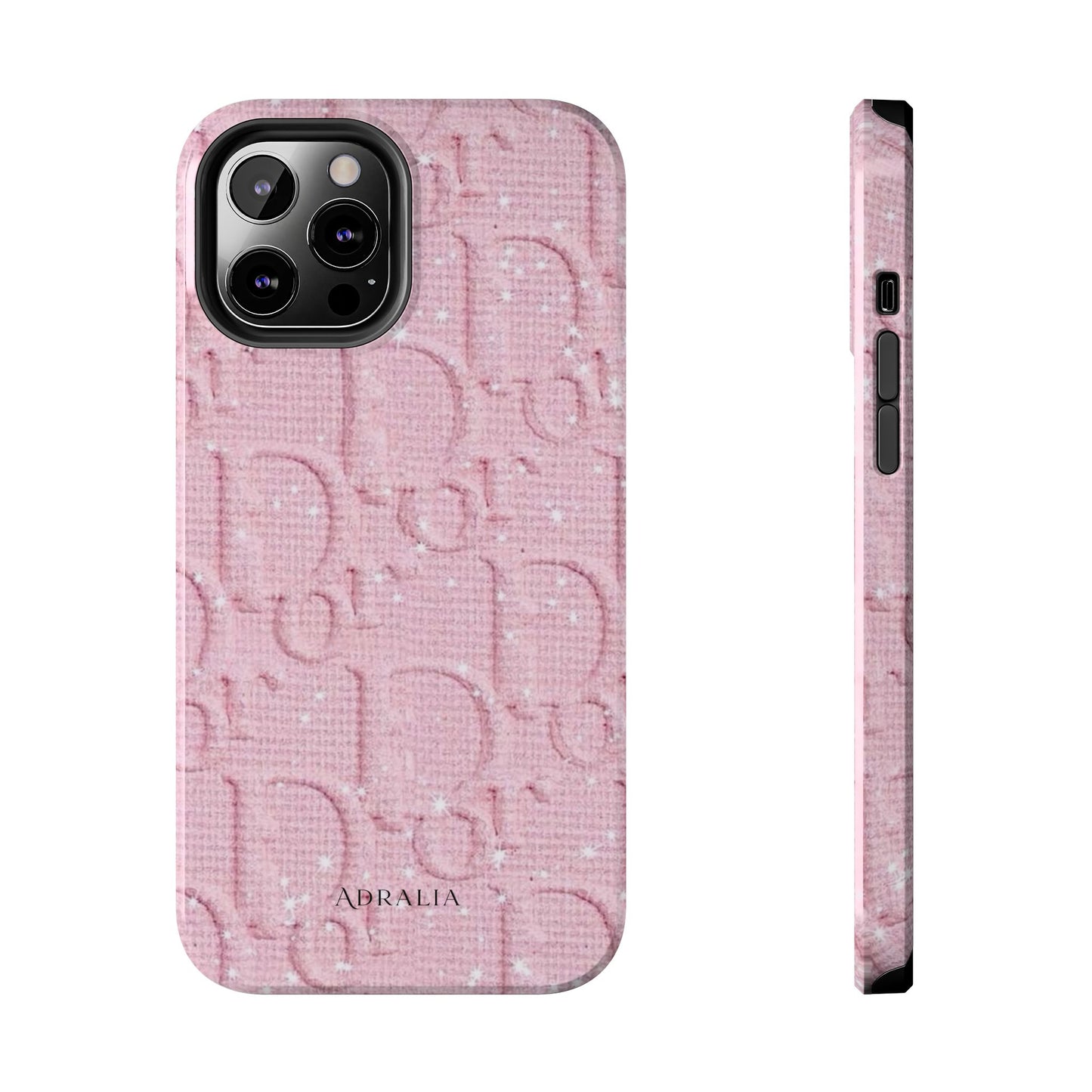 Pink Embossed Tough Phone Case – 'Adralia' Glitter Monogram Protective Cover