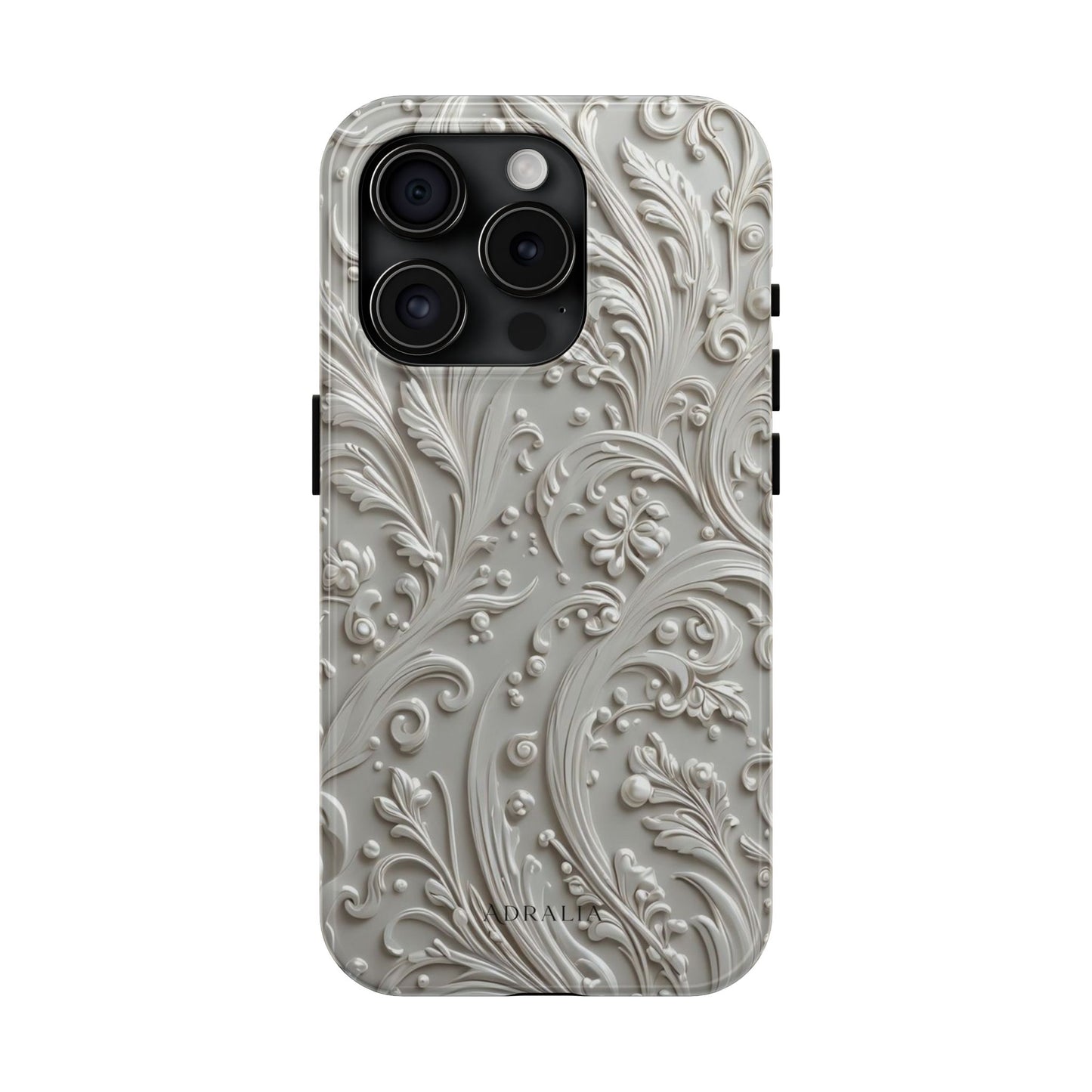Ornate Baroque Relief Tough Phone Case — Gray Floral Scroll Protective Cover