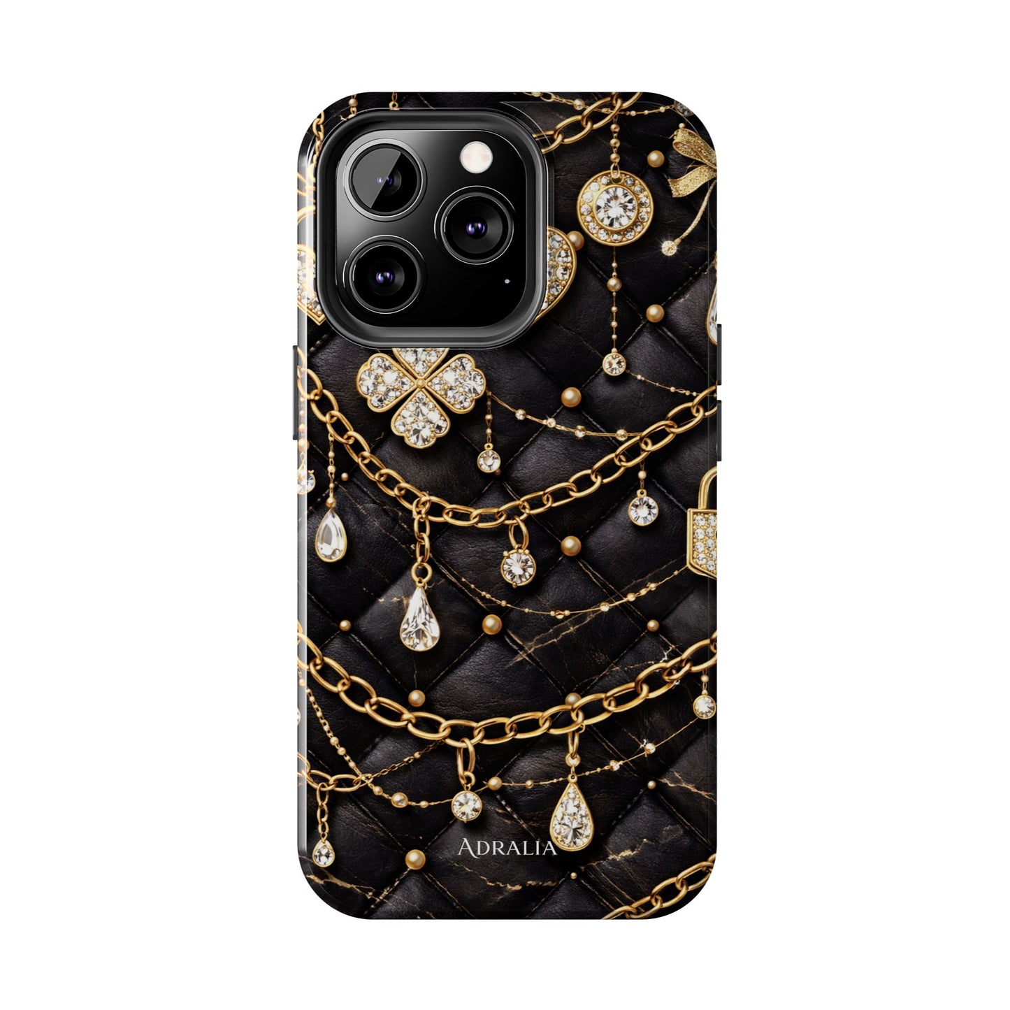 Quilted Black Luxe Phone Case — Gold Chain & Jewel Charm Design