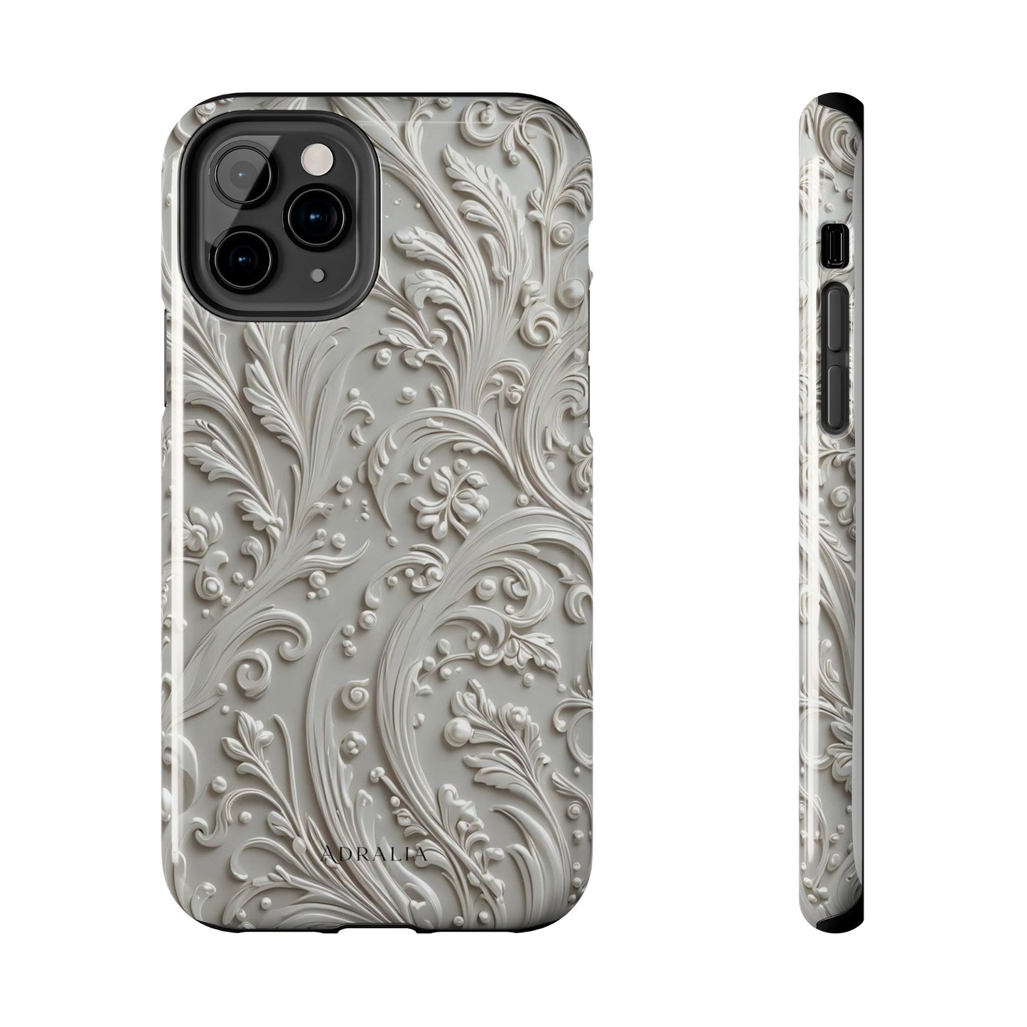 Ornate Baroque Relief Tough Phone Case — Gray Floral Scroll Protective Cover