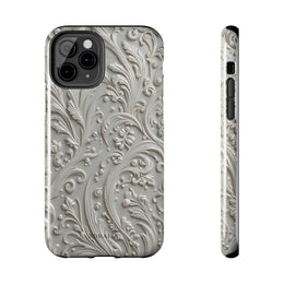 Ornate Baroque Relief Tough Phone Case — Gray Floral Scroll Protective Cover