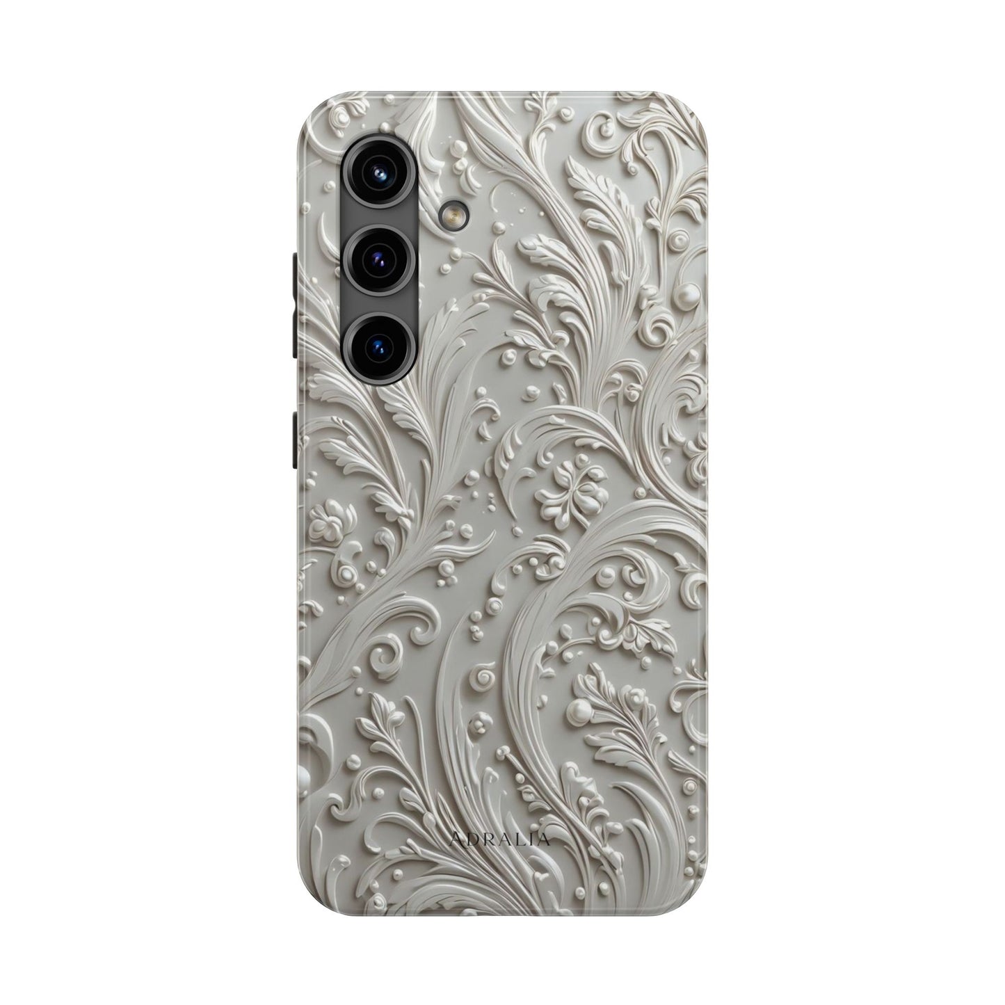 Ornate Baroque Relief Tough Phone Case — Gray Floral Scroll Protective Cover