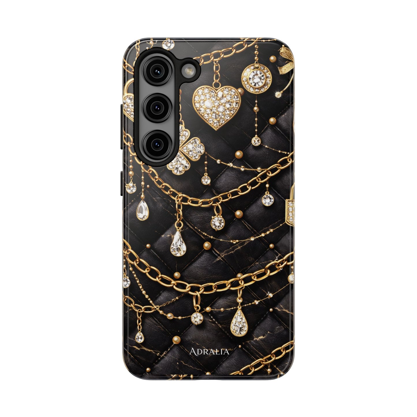 Quilted Black Luxe Phone Case — Gold Chain & Jewel Charm Design
