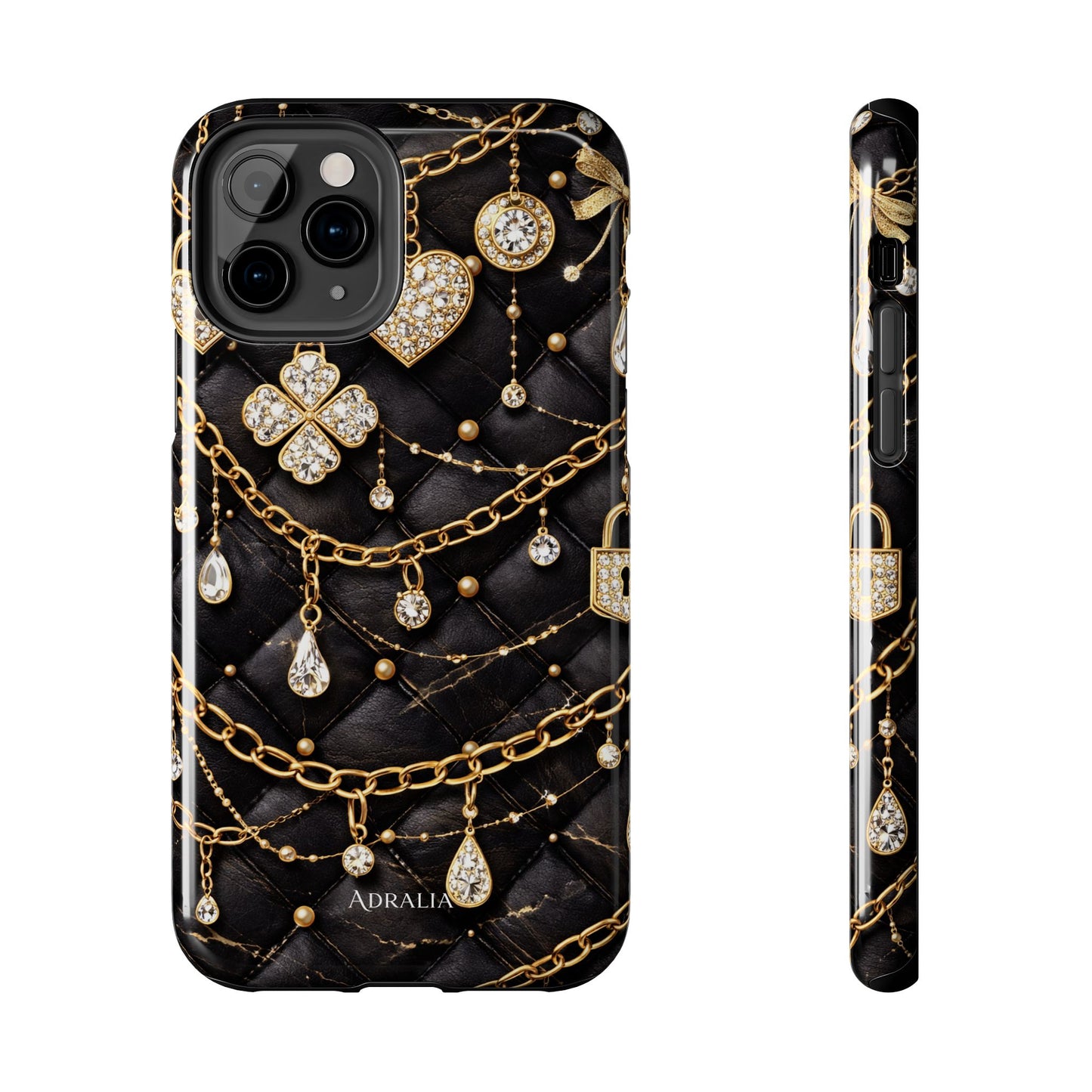 Quilted Black Luxe Phone Case — Gold Chain & Jewel Charm Design