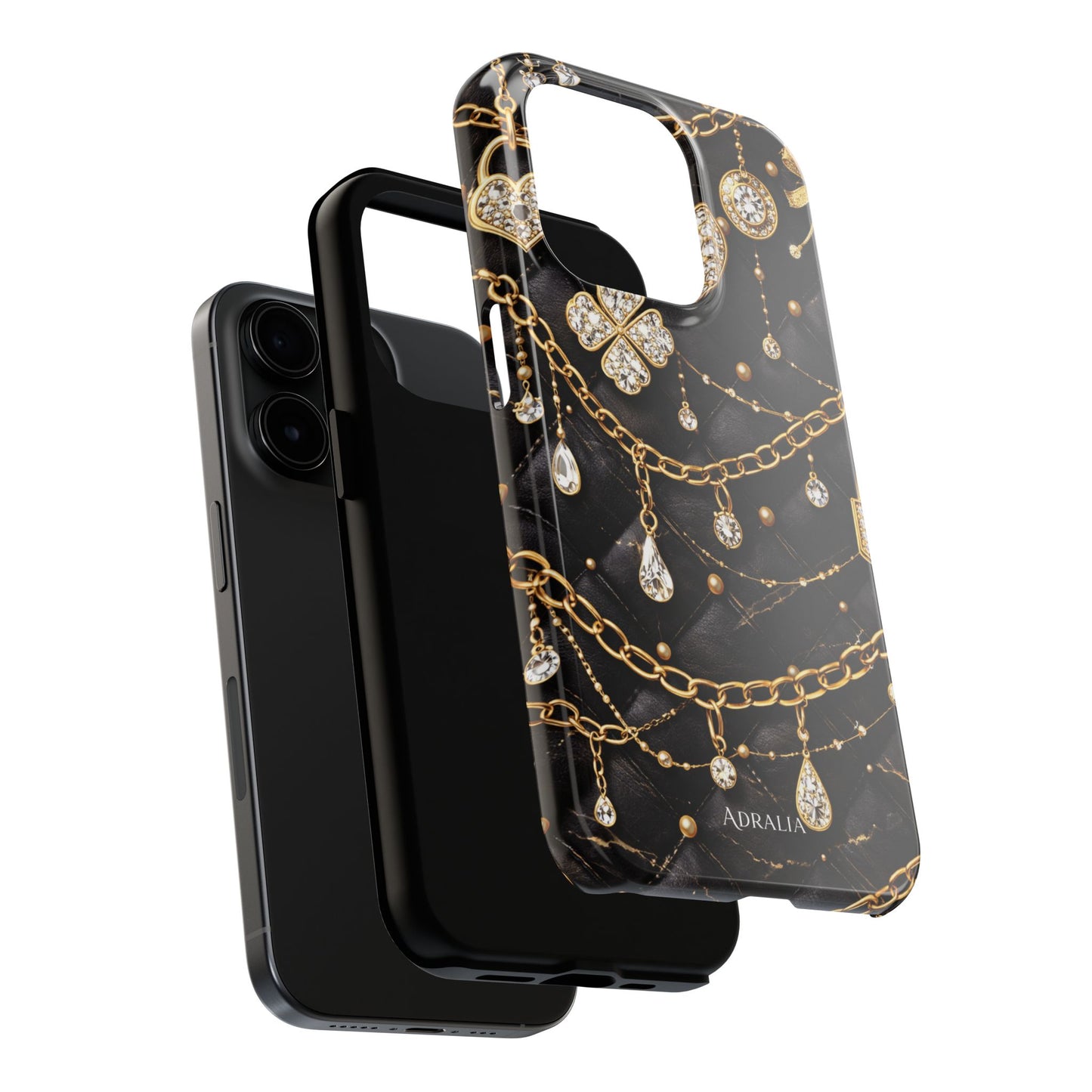 Quilted Black Luxe Phone Case — Gold Chain & Jewel Charm Design