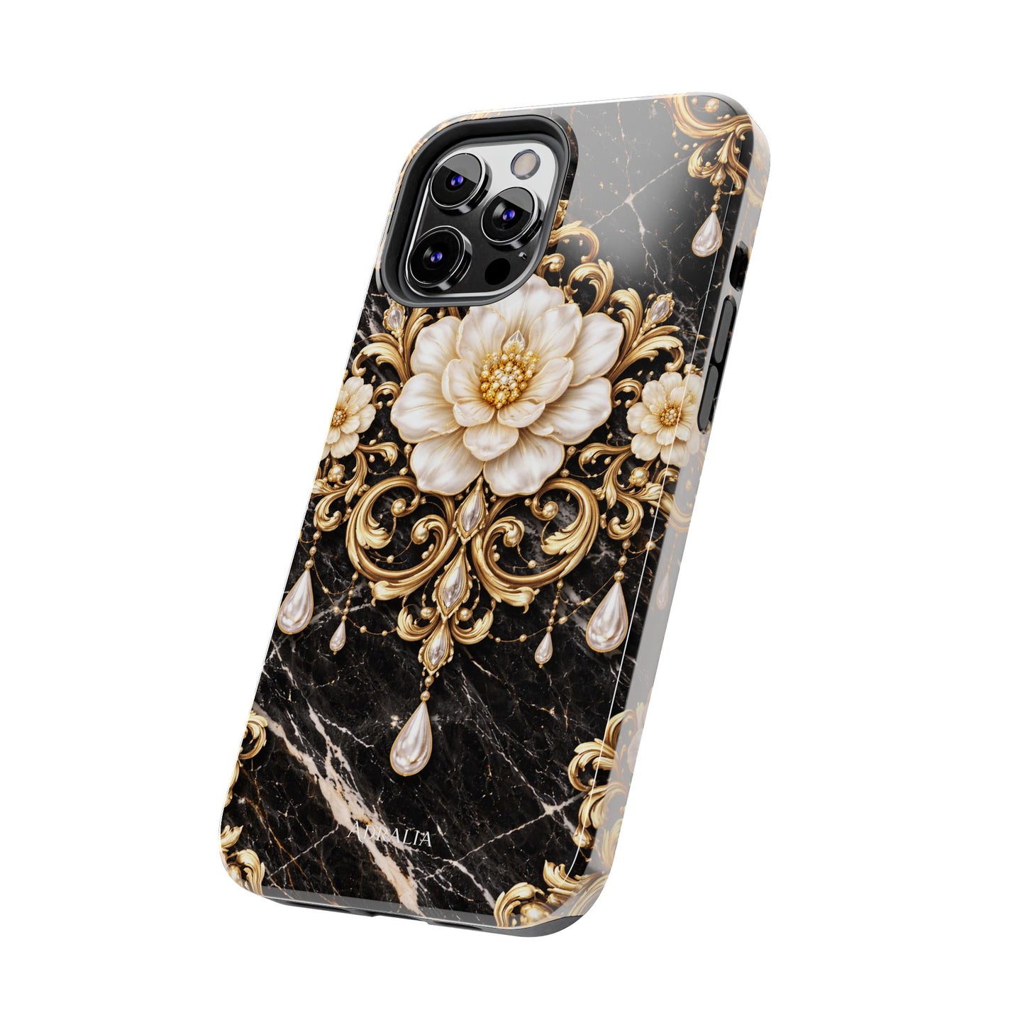 Phone Case — Black Marble Floral Baroque Tough Protective Cover