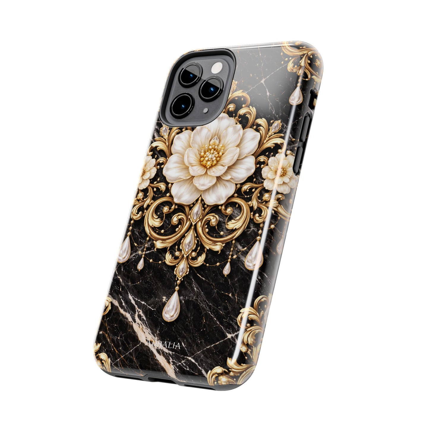 Phone Case — Black Marble Floral Baroque Tough Protective Cover