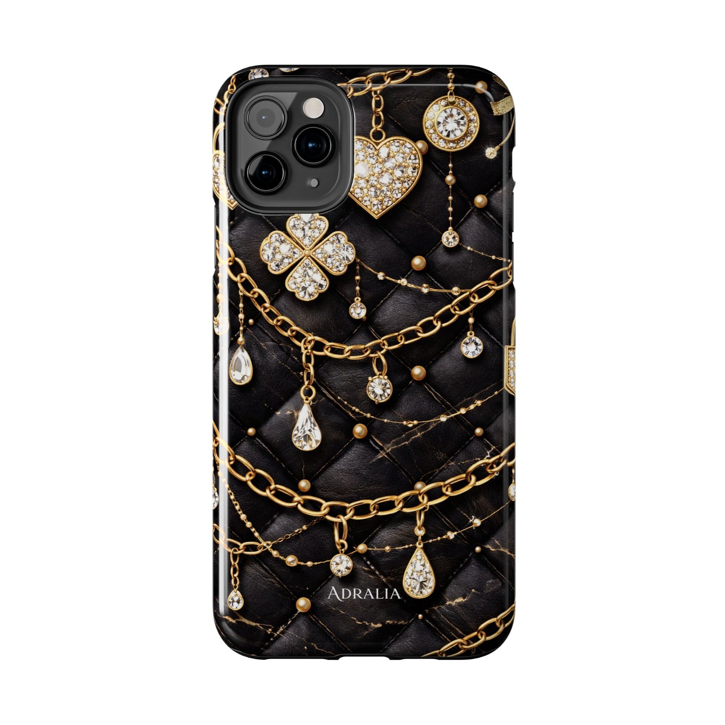 Quilted Black Luxe Phone Case — Gold Chain & Jewel Charm Design