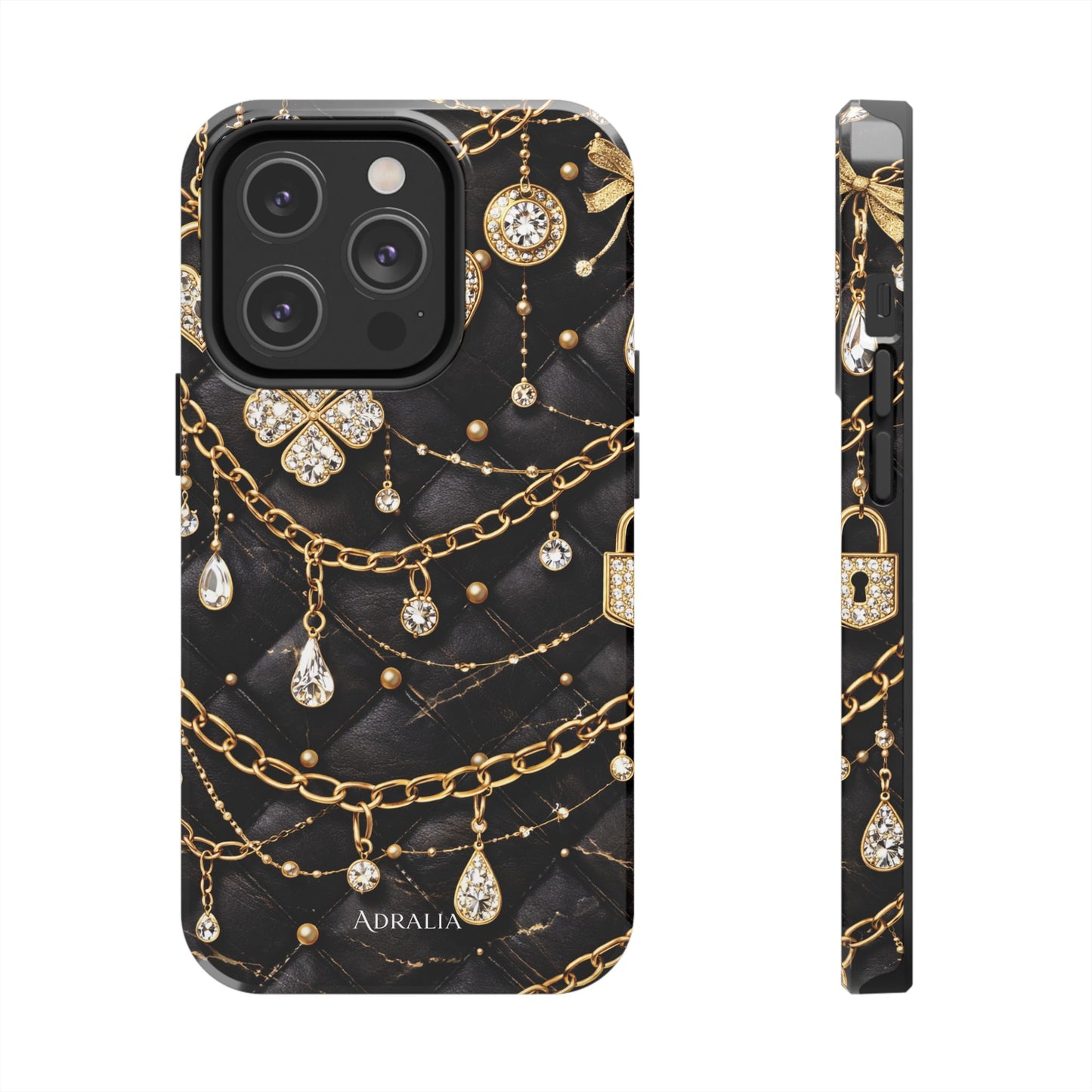 Quilted Black Luxe Phone Case — Gold Chain & Jewel Charm Design