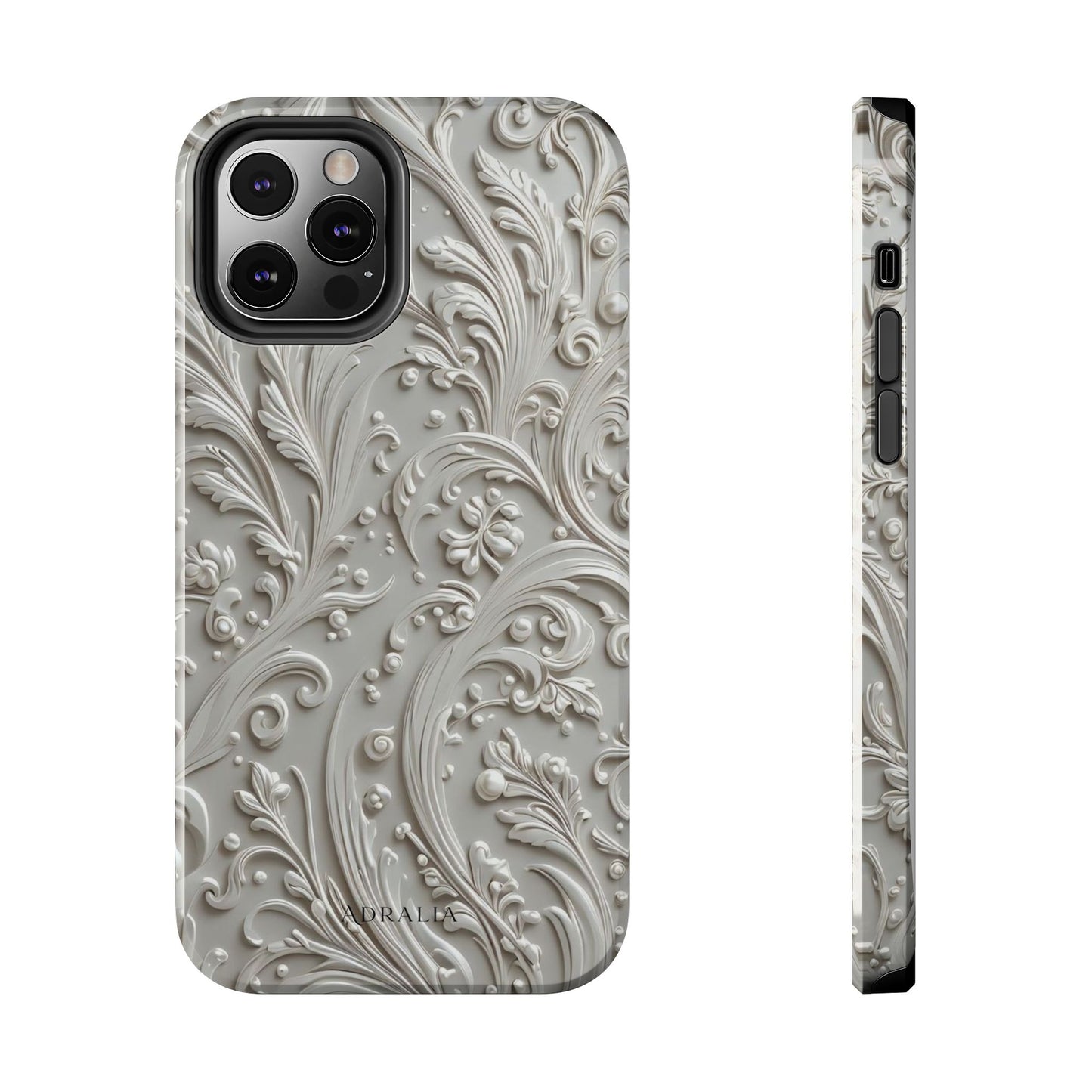 Ornate Baroque Relief Tough Phone Case — Gray Floral Scroll Protective Cover