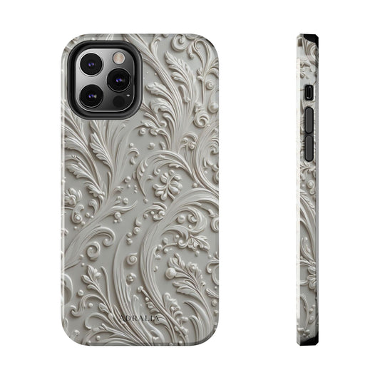 Ornate Baroque Relief Tough Phone Case — Gray Floral Scroll Protective Cover
