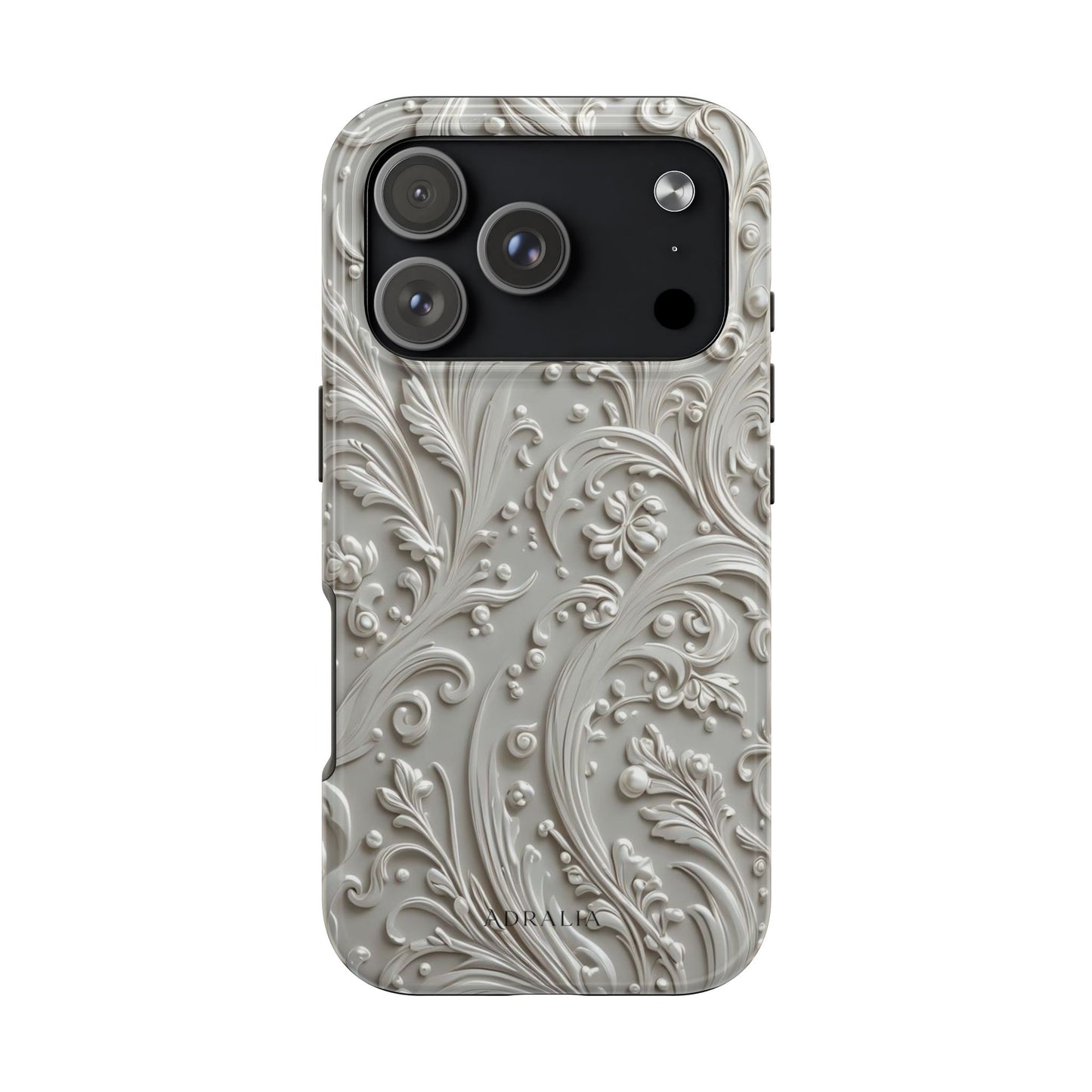 Ornate Baroque Relief Tough Phone Case — Gray Floral Scroll Protective Cover