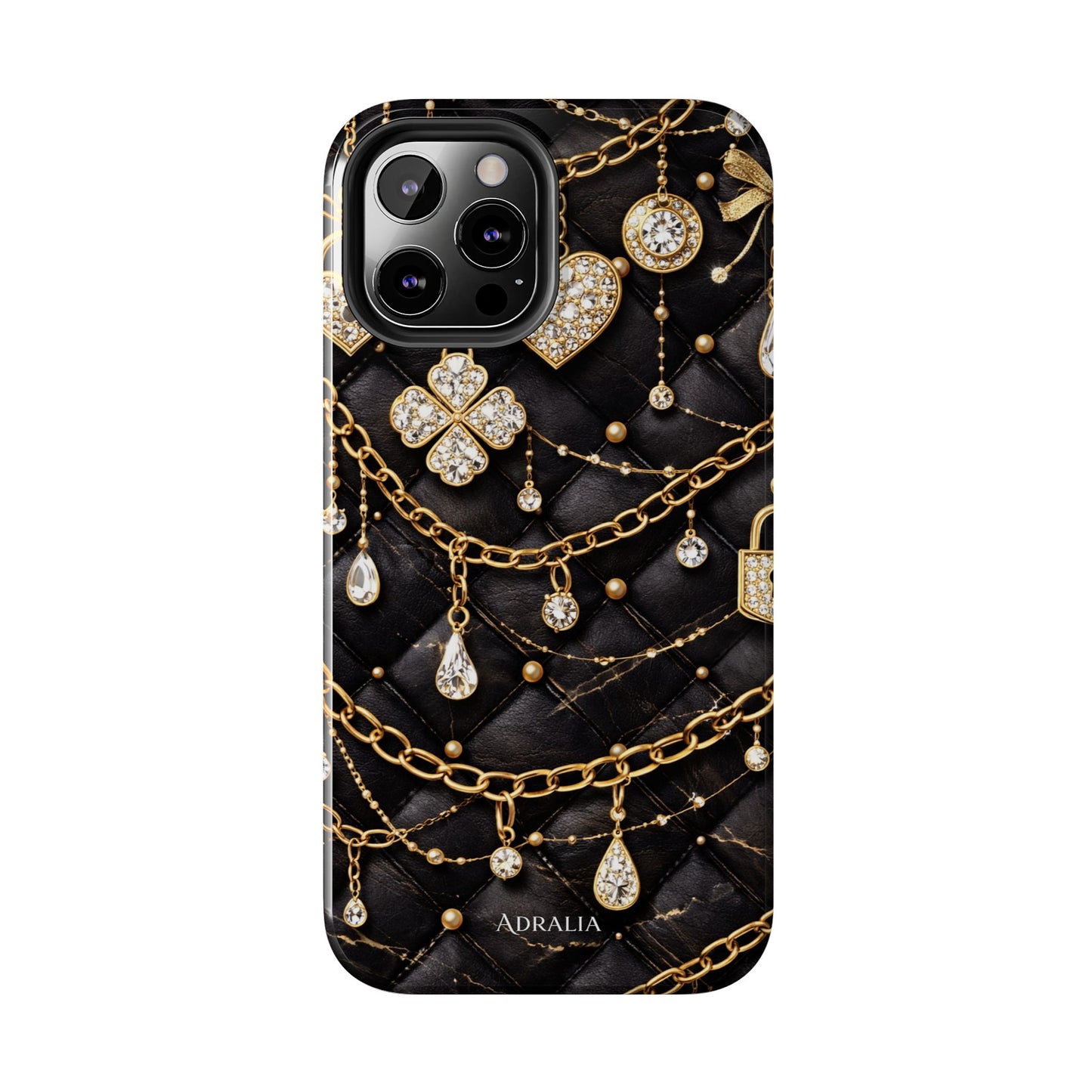Quilted Black Luxe Phone Case — Gold Chain & Jewel Charm Design