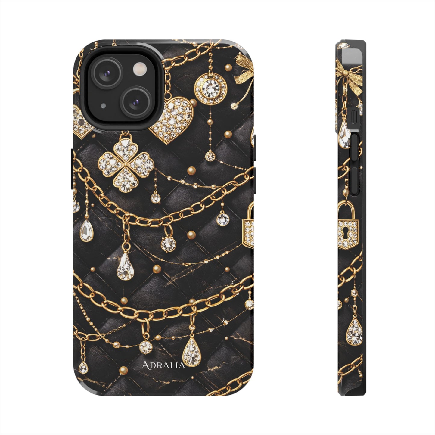 Quilted Black Luxe Phone Case — Gold Chain & Jewel Charm Design