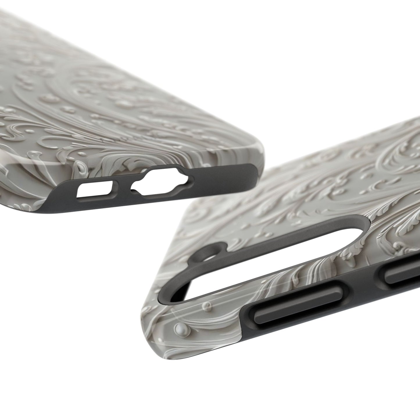 Ornate Baroque Relief Tough Phone Case — Gray Floral Scroll Protective Cover